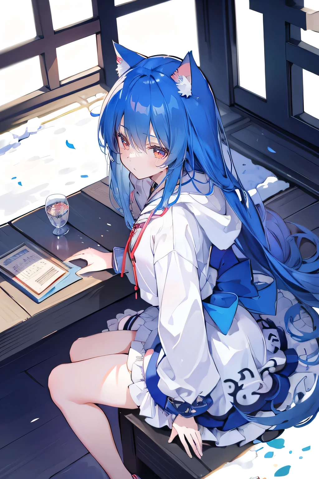 (masterpiece:1.2),Super detailed,lifelike,Expressive eyes,fair skin,perfect face shape,1 girl,
Japanese comics,Gorgeous blue hair,flowing blue hair,flowing clothes,Cat ears,Petals fall,beautiful lola,Baby Angel,sunrise,
Shaking head with one hand,Cross your legs,Gentle and peaceful background,The pavilion is cool and comfortable,smile, wearing hoodie, background of tokyo,back views,snowing, winter.