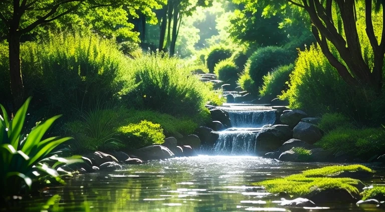 wood々There is a stream flowing through a lush forest of, A gently shining forest stream, river with low hanging plants, Flow of love and happiness, Beautiful environment, lush scenic landscape, Beautiful images, beautiful flowing feeling, Very relaxing, garden pond scene, Peaceful environment, Water flow, river with stunning water, babbling brook, Peaceful and serene, Pond Scenery