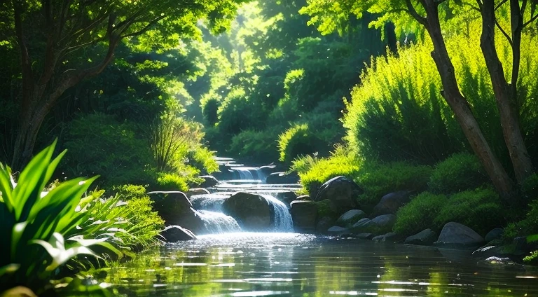 wood々There is a stream flowing through a lush forest of, A gently shining forest stream, river with low hanging plants, Flow of love and happiness, Beautiful environment, lush scenic landscape, Beautiful images, beautiful flowing feeling, Very relaxing, garden pond scene, Peaceful environment, Water flow, river with stunning water, babbling brook, Peaceful and serene, Pond Scenery