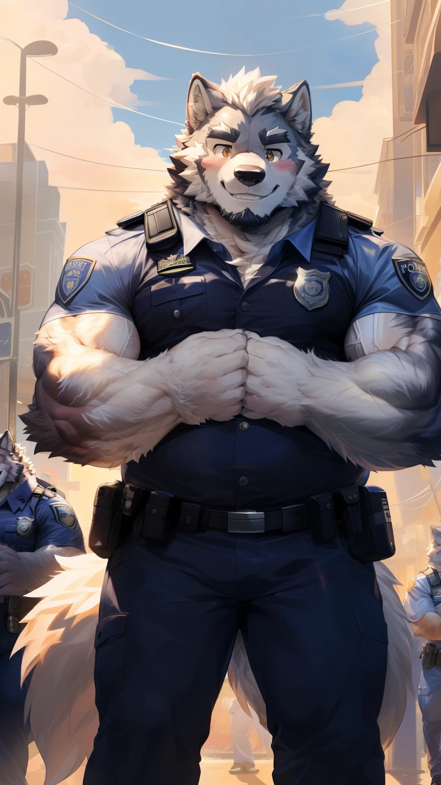 Solitary, anthropology, hairy, hairy male, Wolf, ((Fluffy fur, Fluffy, hairy body)), (Wolf印), (short beard), youth, Gray body, muscular, White, Big muscles, Golden pupils, Tail, deTailed teeth, deTailed face, Fundos, bridegroom, (Black police uniform), Holding a walkie-talkie, Standing shyly in front of the police car, deTailed Fluffy fur, deTailed face, ((Look down at the audience)), majestic, barbarous, A faint smile, Blushing, Strong, Urban streets, Half sideways, ((Bottom view)), (through empty ghost, From wolf26, masterpiece, high quality, high resolution,8k), permanent, Full body portrait, outdoor,