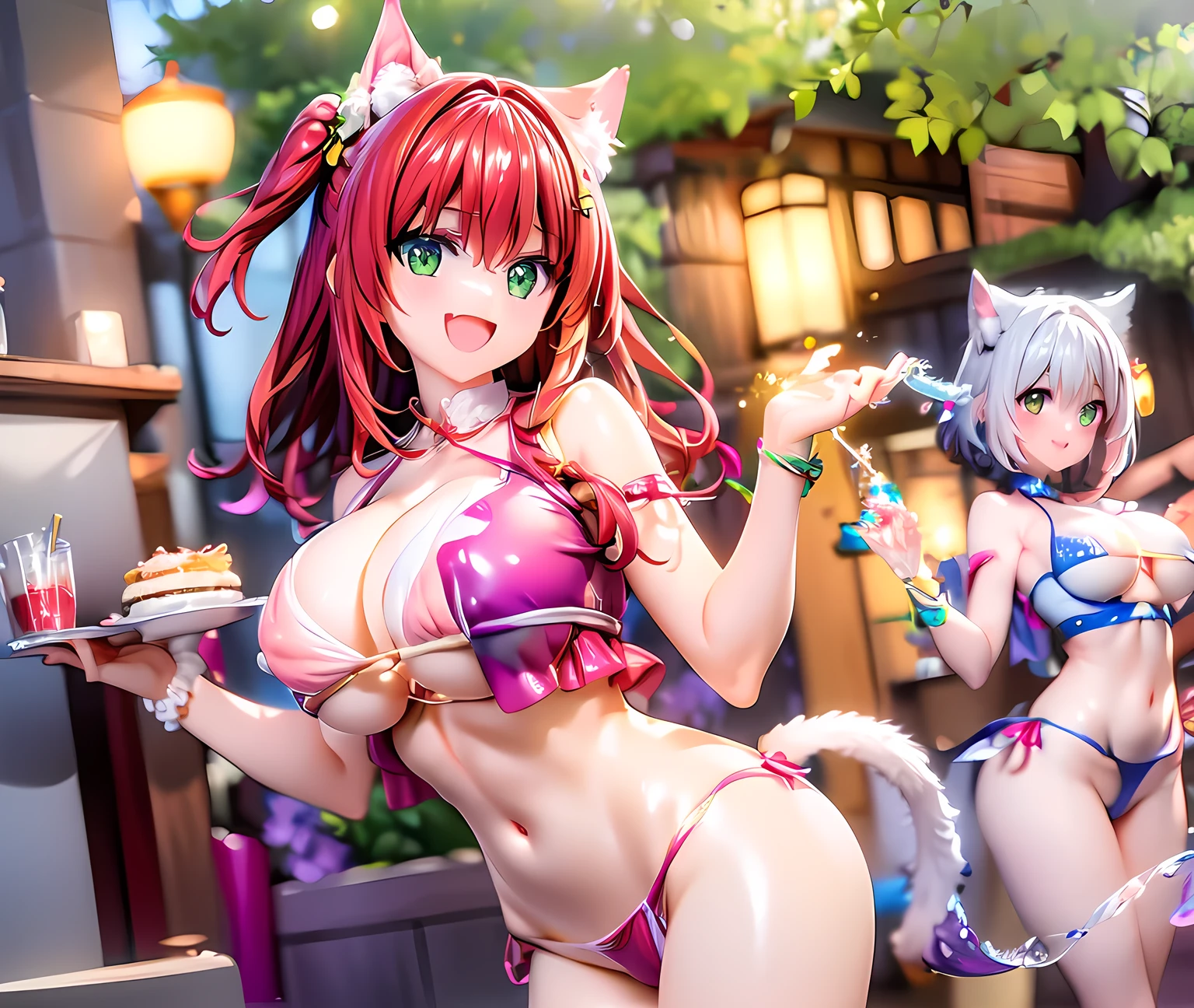 best quality, masterpiece, extremely detailed CG, official art , professional lighting, detailed background, sakimiyairuka, red hair, green eyes,(one side up), medium hair, green scrunchie, hair ornament, cat years, gleaming skin, big breasts, groin, cameltoe, micro bikini, smile,