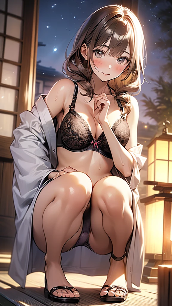 (((night,真night中))),(whole body),(((Cinema Lighting))),((Perfect Anatomy:1.2,Realistic:1.3,RAW Photos:1.3,masterpiece、highest quality、Ultra - High resolution、High resolution、Highly detailed CG、8k)),((attractive way to sit)),((旅館のJapanese-style room))、indoor、1 female,alone,18-year-old、High school girl beautiful girl,Japanese,((Beautiful and graceful face and eyes:1.2,Big beautiful eyes:1.0,)),(Bright Eyes),((Beautiful woman))、((blonde)),Long Hair,(Random hairstyle),Medium Chest,((The body is slim)),Small Head:1.3,skinny,(Brown Skin:1.8),((Oily skin,Glowing Skin,Shiny skin,Sweat:1.4)),((Model pose)),(((Kimono 1.8))),{{{}}},(prostituti-style room,((Turn your body forward)),Stick out your crotch、(Detailed depiction of the crotch),break,(((Satin Bra)))、(((satin panties)))、(Shiny bra:iny panties:2))、(((Awaning designear))),((((Bra and panties are the same color))))、(((Squattin))