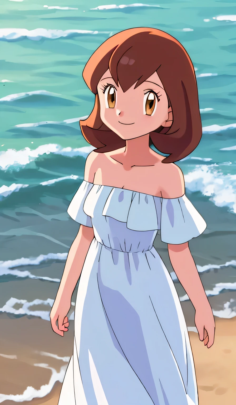 masterpiece, best quality, ultra-detailed, illustration, beautiful detailed eyes, very detailed illustration, cinematic lighting, 1 girl, solo, Pokemon Heroes (Bianca), Brown Hair, brown eyes, 1 girl, solo, bare shoulders, strapless, off shoulders, ruffle off the shoulder top, white maxi dress, intricate details, sharp focus, high resolution, beachside，evening light，early evening，walking, Coast, cowboy shot, light smile