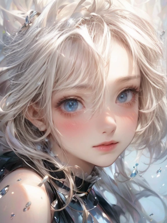 masterpiece:1.2, highest quality, 16k, highres, ultra-realistic, photorealistic:1.37, beautiful detailed:1.2, cute girl, delicate lines and brilliant colors, female, finest thin platinum blond, messy hair, floating hair, wide eyes+pupils, eyes (growing, shining, sparkling), open pupils, 