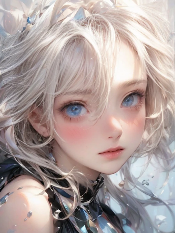masterpiece:1.2, highest quality, 16k, highres, ultra-realistic, photorealistic:1.37, beautiful detailed:1.2, cute girl, delicate lines and brilliant colors, female, finest thin platinum blond, messy hair, floating hair, wide eyes+pupils, eyes (growing, shining, sparkling), open pupils,