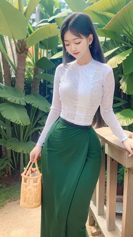 Burmese girl with attractive curvy full body.  Friends full-length ??????, (green dress) reflective long dress painted with flower patterns, only dress.  hi gh ????  High resolution  High resolution  natural background  High resolution  HD  3D,  8K cartoon anime 