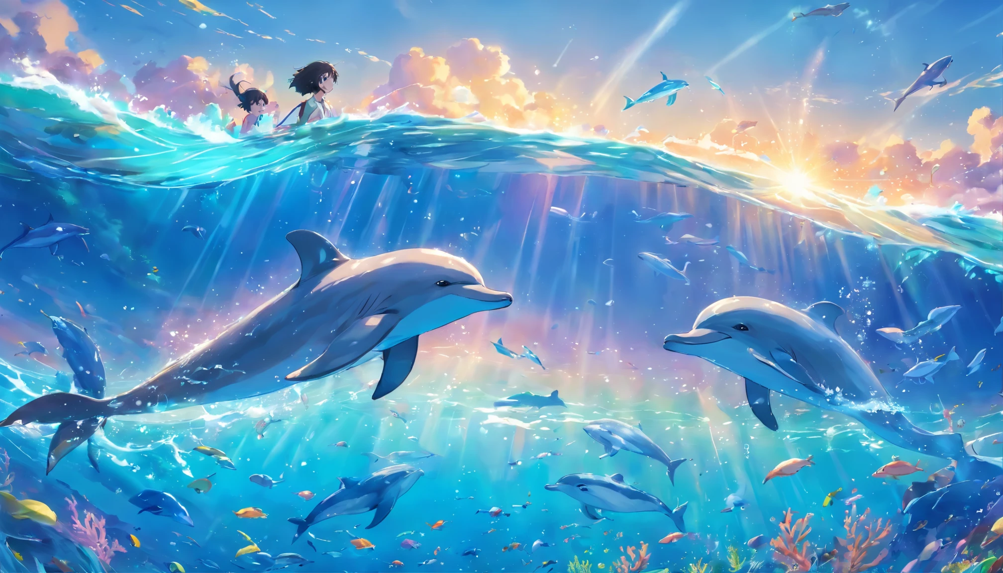 painting of dolphins swimming in a colorful sea, looking up at the composition, Jellyfish and whales, inspired by Cyril Roland, beautiful artwork illustration, Author: Shimoo, colorful concept art, Makoto Shinkai Cyril Roland, Cyril Roland style, whale, highly detailed watercolor 8k, Highly detailed watercolor 8k, Octane, End, Realistic, 8k, Estilo de Makoto Shinkai( Rational design, Clear lines, High sharpness,Top quality, Highly detailed, Master parts, Film lighting effects, 4K ), Boy and girl swimming at the bottom of the sea A boy and a girl are swimming at the bottom of the sea, their dream is magic, fish, and