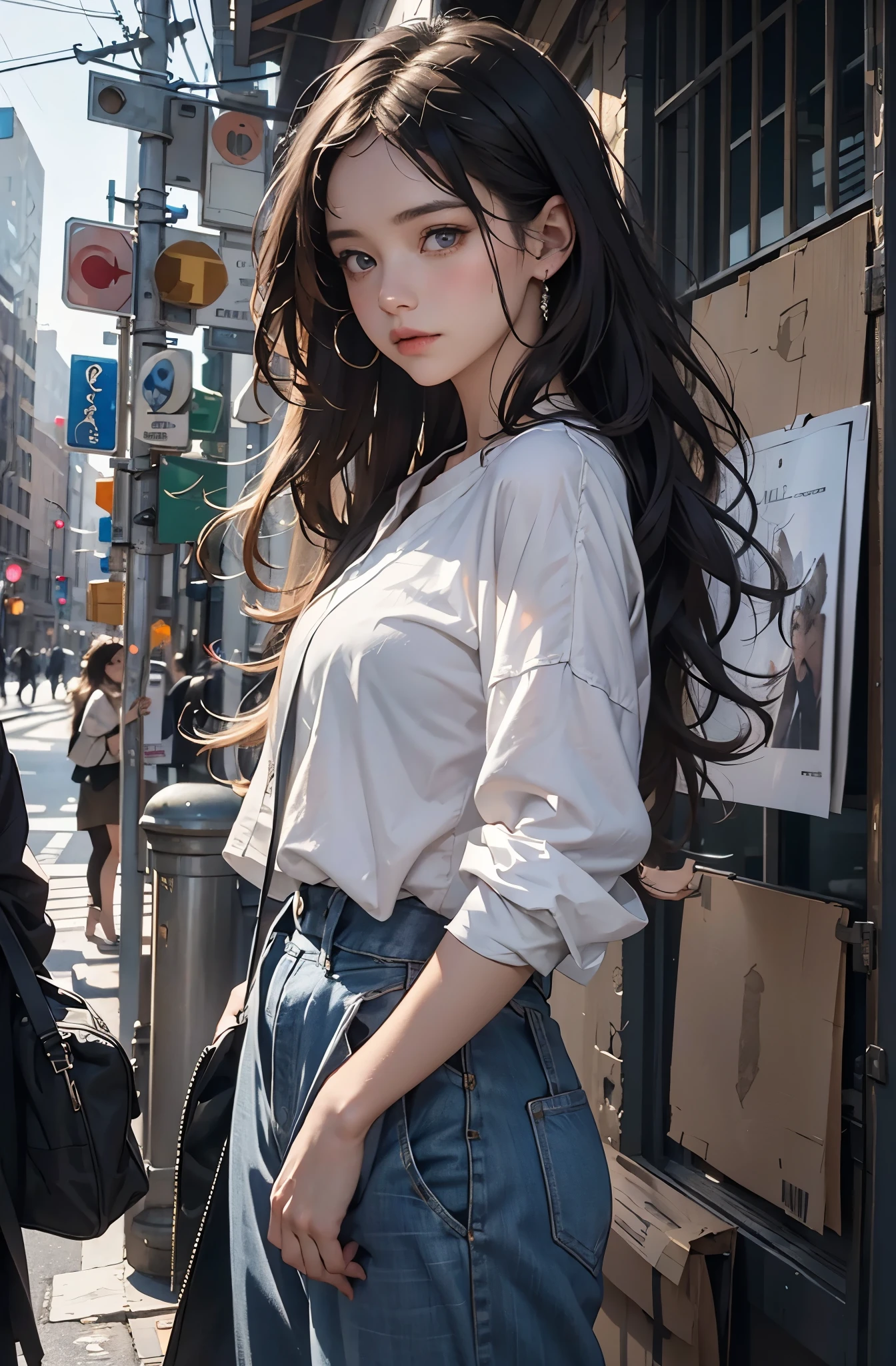 Photo of a beautiful woman standing on a street corner, Perfect model figure, Fashion pants styles, Colorful purple shirt, sunglasses, Very stylish, with influence of Jeremy Mann, Jeremy Mann, style of Jeremy Mann, Jeremy Mann painting, Jeremy Mann art, Ron Hicks, Lipke, Jeremy Mann and alphonse mucha, Works that influenced Edmund Blampid, Robert Lenkiewicz, Casey Baugh 和 James Jean, Works that influenced William Kalff, nick alm, tumbler, Figurative Art, Intense watercolor painting, Watercolor Detail Art,Beautiful and expressive paintings, Beautiful artistic illustration, wonderful, Cruel beauty, masterpiece, best quality, official art, perfect composition, Perfect angle, Best Shot, Perfect Theme, Women only, Clear outline, Romantic, Moody, Very beautiful and detailed eyes, Beautiful and delicate eyes, Ideal animation, sentimental, New York 25th Street, close