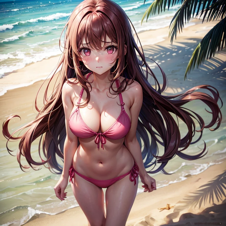 Girl, at the beach, wearing a pink bikini, brown hair, pink eyes, very long hair, standing, blushing, looking embarrassed, large breasts, feeble, cute, seductive