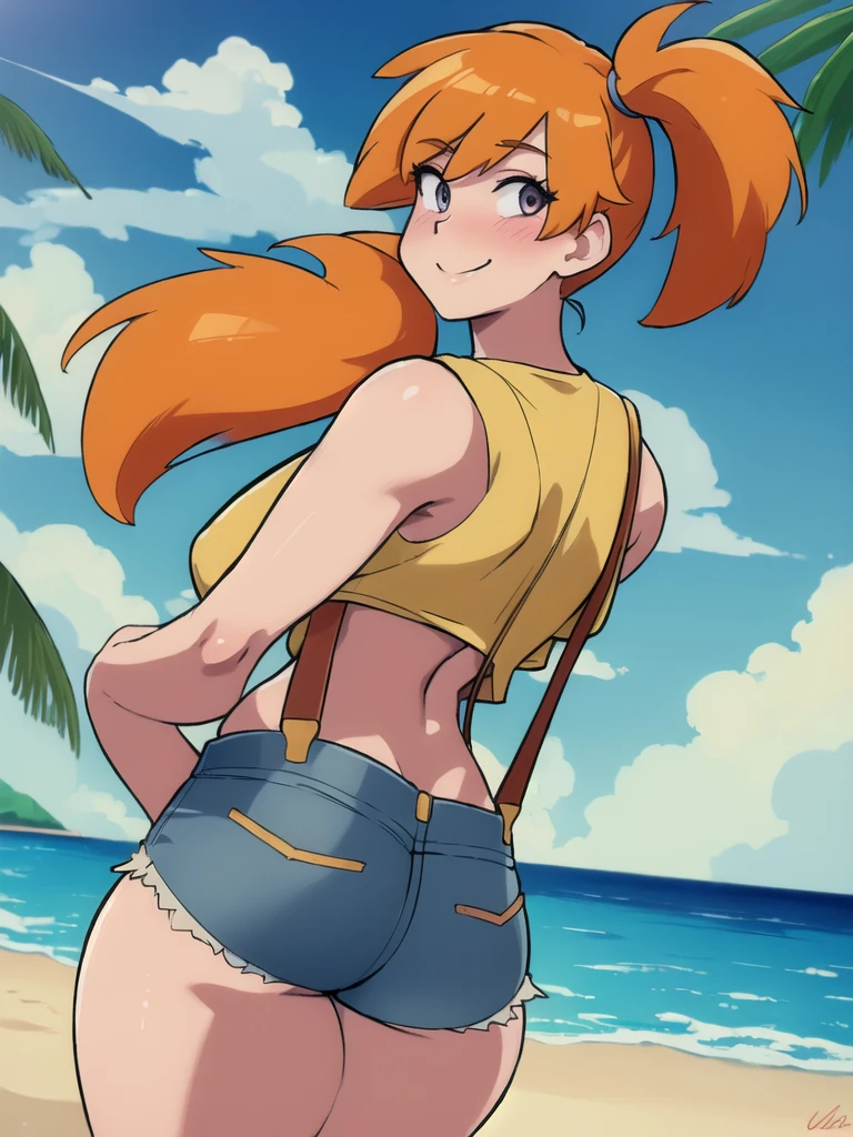 ((masterpiece,best quality)), absurdres,
Misty_Pokemon, yellow crop top, suspenders, side ponytail, orange hair, denim shorts, 
solo, smiling, blushing, looking at viewer, cowboy shot, from behind, 
cinematic composition, contrapposto, 
tropical beach,