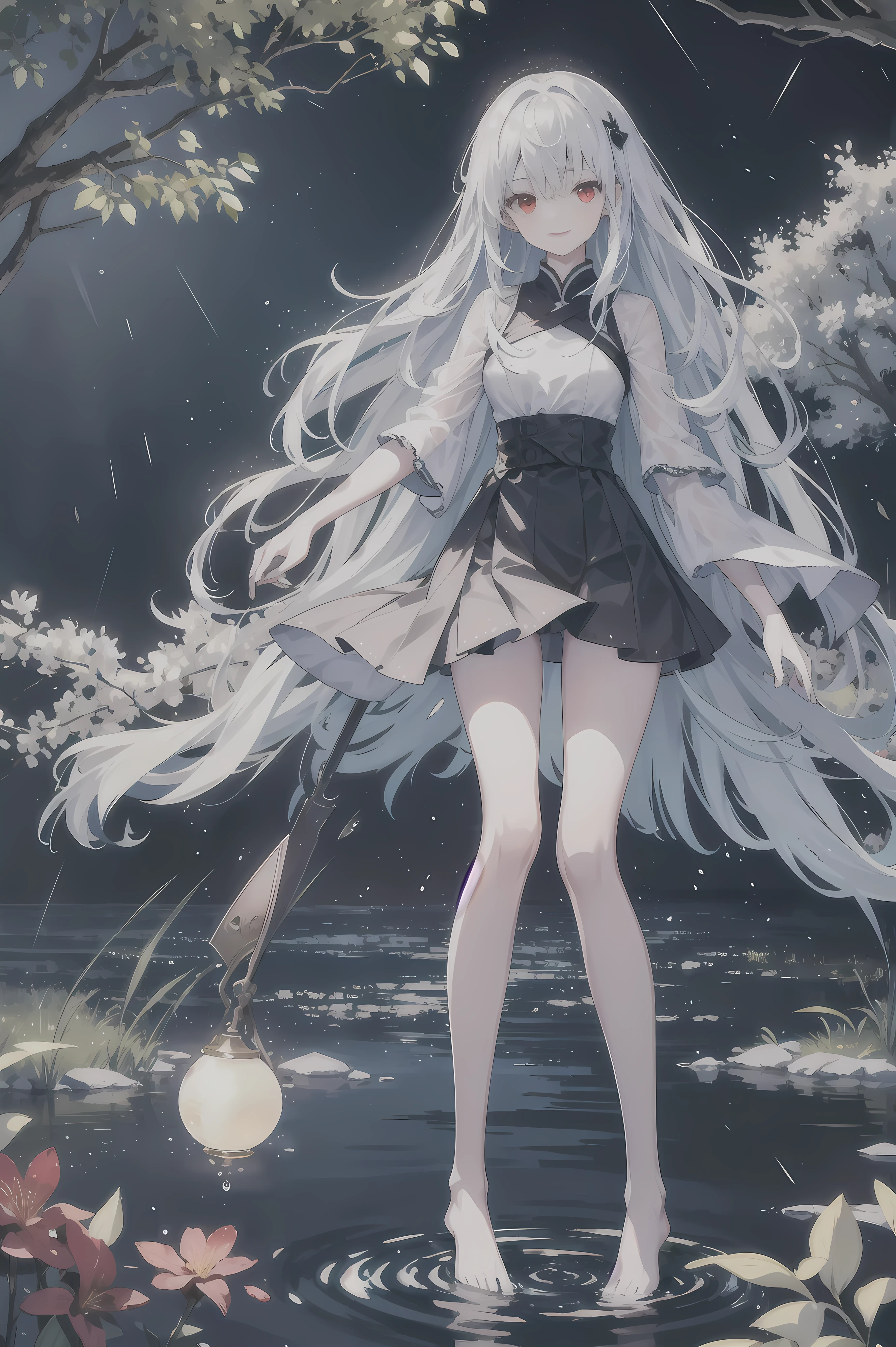 Dreamy and beautiful moonlight in the dark forest。View of a -yeld gifrom above。(wet silver hair and red eyes)。smile slightly。She wore only a long transparent white cloth with beautiful lace trim。Soak the cloth in water。(splashing in the dark forest lake at night)。(Hair or clothes are wet)。splash。Wet strands of hair。dripping water drops。Fantastic fireflies floating in the air、Light also reflects from water。near method and far method。glitter effects。Dynamic composition with depth。extremely high quality、High level of image quality、extremely delicate。Rare workmanship，round,Room, firm breasts），barefoot，float，water surface，（long legs，long legs，long legs，Gestalt），full-body shot。standing posture