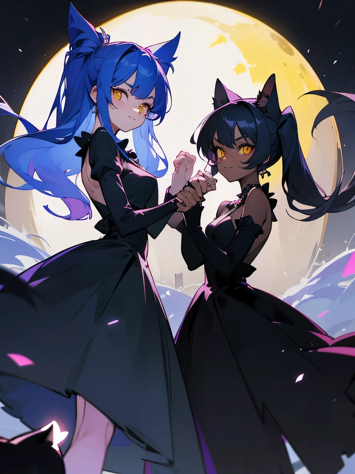 cartoon of two cats in cool positions standing together looking at the camera, black cats, ddlc, in the art style of 8 0 s anime, 9 0 s anime style, 90s anime style, in anime style, in an anime style, anime aesthetic, anime vibes, 9 0 s anime aesthetic, 9 0 s anime art style, lofi cats, beautiful background outside, background at night with stars and a white moon, fairy lights, beautiful background in a dark spooky abandoned garden with fairy lights at night, two black cute cats, two black cats looking serious, frowning yellow eyes, frowning black cats, beautiful faces, two black cats, don't extra paws, NO extra paws, generate two black cats with NO extra paws, NO extra arm, pretty faces, two cute pretty black cats with amazing smile, the two black cats has a pretty smile, slim, two black slim cats with yellow eyes, two slim black cats with sinister yellow eyes and beautiful smiles