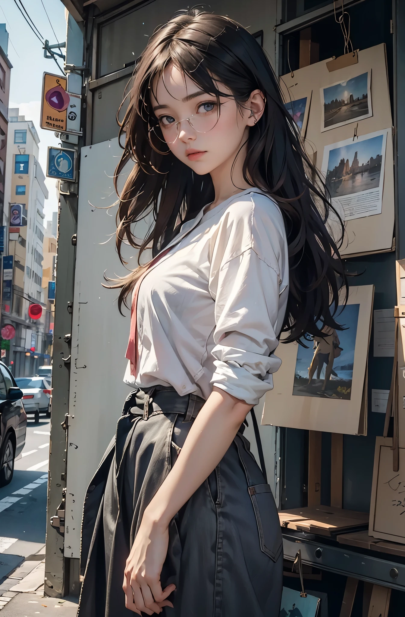 Photo of a beautiful woman standing on a street corner, Perfect model figure, Fashion pants styles, Colorful purple shirt, sunglasses, Very stylish, with influence of Jeremy Mann, Jeremy Mann, style of Jeremy Mann, Jeremy Mann painting, Jeremy Mann art, Ron Hicks, Lipke, Jeremy Mann and alphonse mucha, Works that influenced Edmund Blampid, Robert Lenkiewicz, Casey Baugh 和 James Jean, Works that influenced William Kalff, nick alm, tumbler, Figurative Art, Intense watercolor painting, Watercolor Detail Art,Beautiful and expressive paintings, Beautiful artistic illustration, wonderful, Cruel beauty, masterpiece, best quality, official art, perfect composition, Perfect angle, Best Shot, Perfect Theme, Women only, Clear outline, Romantic, Moody, Very beautiful and detailed eyes, Beautiful and delicate eyes, Ideal animation, sentimental, New York 25th Street, close