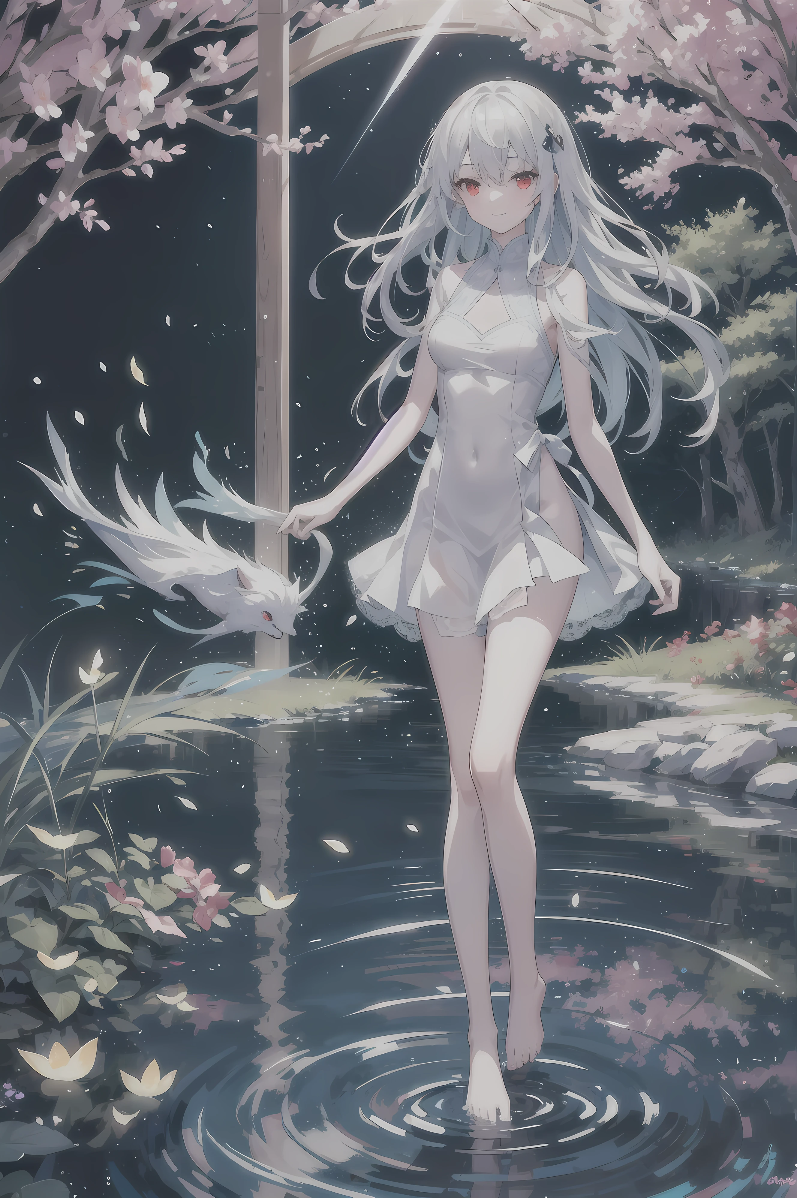 A close view of anime  girl, ((((standing in a shallow river in a dark forest)))), (mostly naked), barefoot, cinematic light, skin is perfectly white, soft, and smooth, ((no nsfw)), Extremely delicate and beautiful CG illustration, small thigh, slim body, best quality, high resolution, dynamic angle, full-length lens, ((1 girl)), (detailed eyes), soft light, high-key lighting), glowing light, feathers fluttering background, blue crystal, ((blue glowing ring around her ankle)), (((wearing nothing but a white (transparent) tank top)))