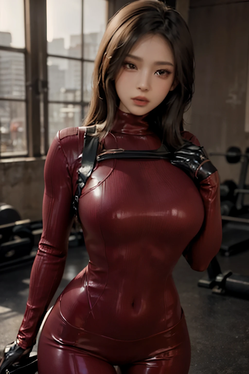 skin completely covered by clothing, high detail, Perfect body with golden ratio, wearing (tight shirt:1.2), beautiful detailed face, hazel eyes, (attractive fitness woman:1.3), (seductive:1.1), (blushing:1.1), hourglass body shape, complete shiny swimsuit red latex bodysuit, very big round breasts