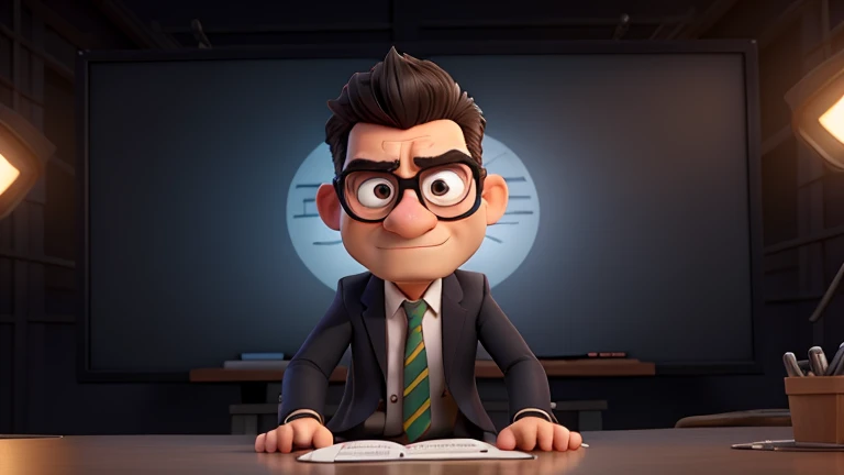 angry man journalist, avec une veste de costume, very short black hair, des lunettes, very big nose, has a television studio ,montre du doigt