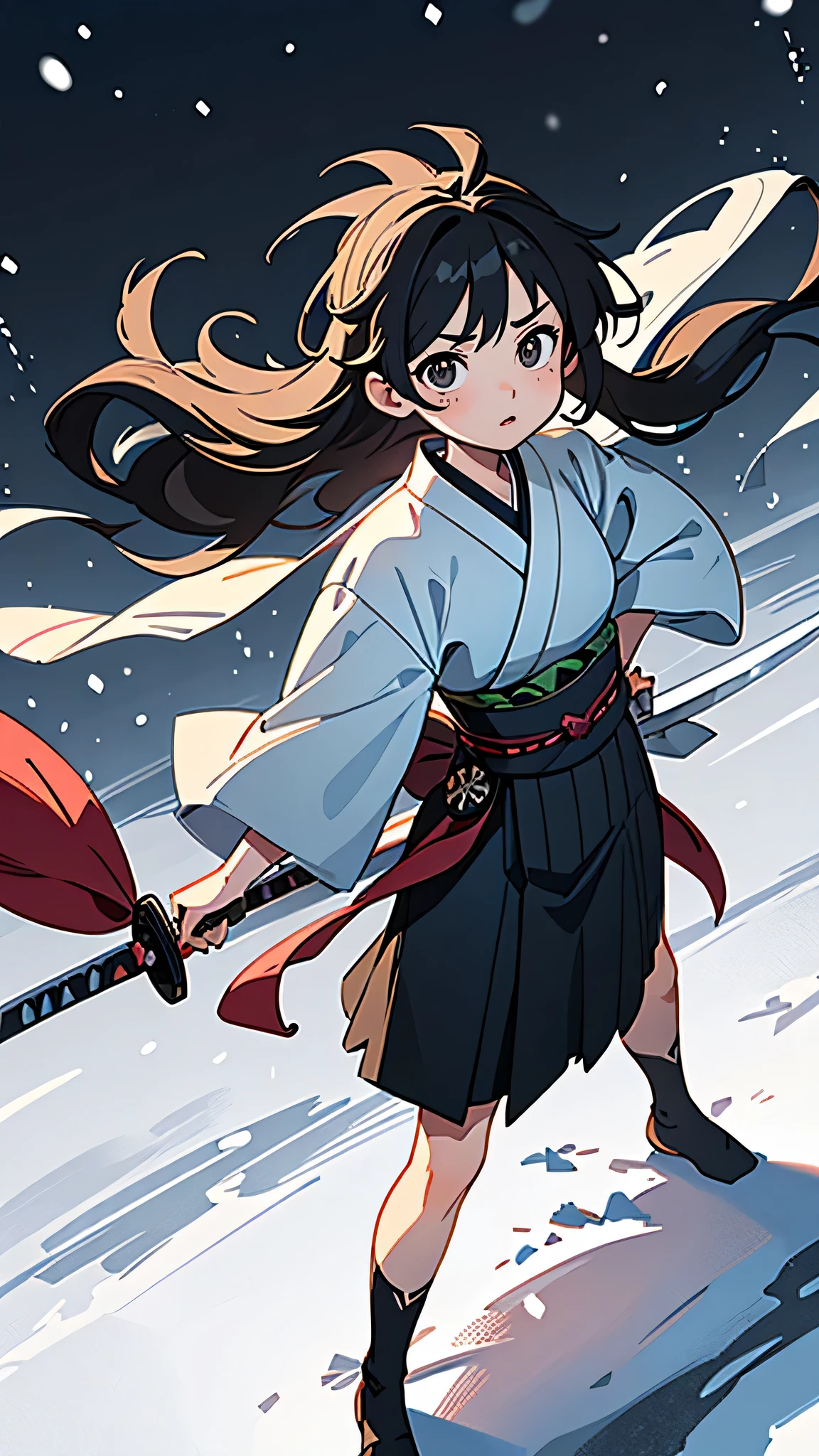 masterpiece, highest quality, (Highly detailed CG Unity 8k wallpaper), (highest quality), (Best illustrations), (Best Shadow),Female Swordsman, 28 years old, Japanese sword, stance,moonlight, snow, chaos, Disheveled Hair, Expressing agility,whole body, Stand on both feet,