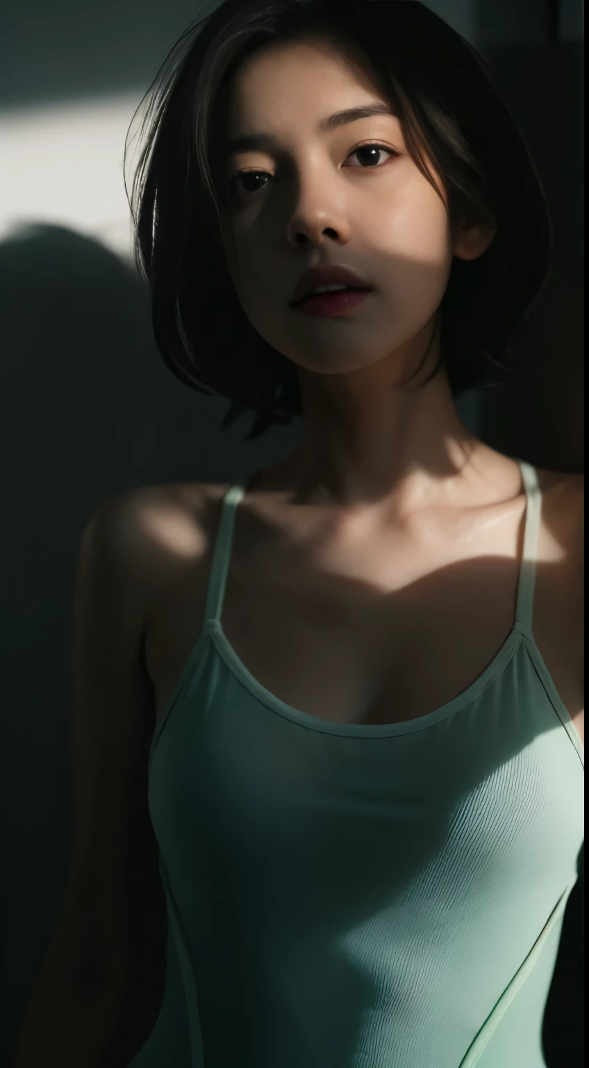 Best quality, masterpiece, ultra high res, (photorealistic:1.5), raw photo, 1girl, in the dark, deep shadow, low key, cold light, sexy look, short hair, swimsuit