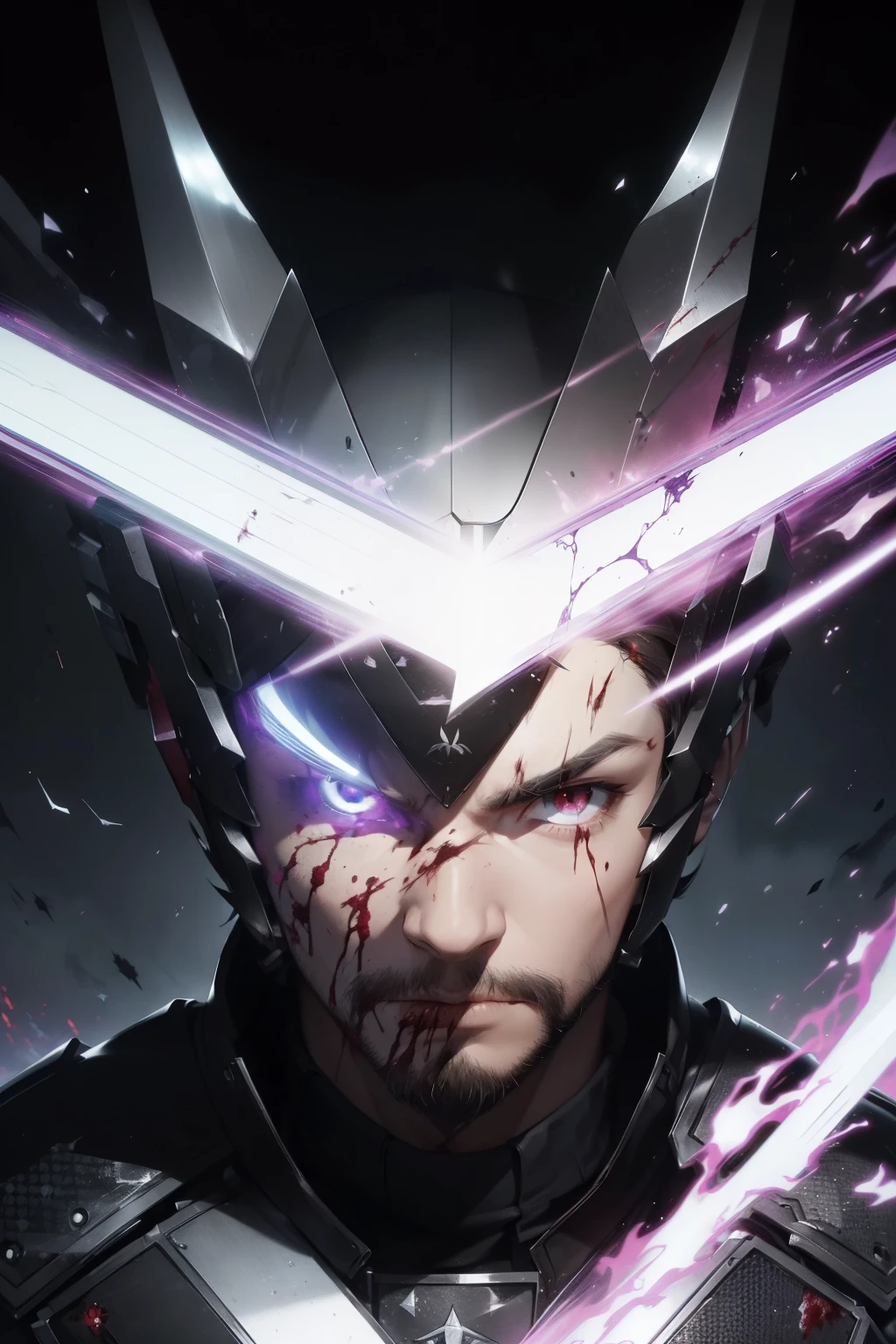 (mastersphere: 1.5), (max resolution: 2.1), (Ultra HDTV: 2.0), cinematic light, 16K resolution, Detailed facial features, intricately designed samurai armor, multiple layers from different colors, sharp Contrasts, (Sharp Focus: 1.5), (Focus on Face: 1.5), Badass expression, stern gaze, scruffy beard, defined muscles, (Glowing eyes: 1.3), Smoke trails behind, battle-worn appearance, (Realistic blood effects: 1.4), Battlefield in the background, swords clashing, (Detailed sword