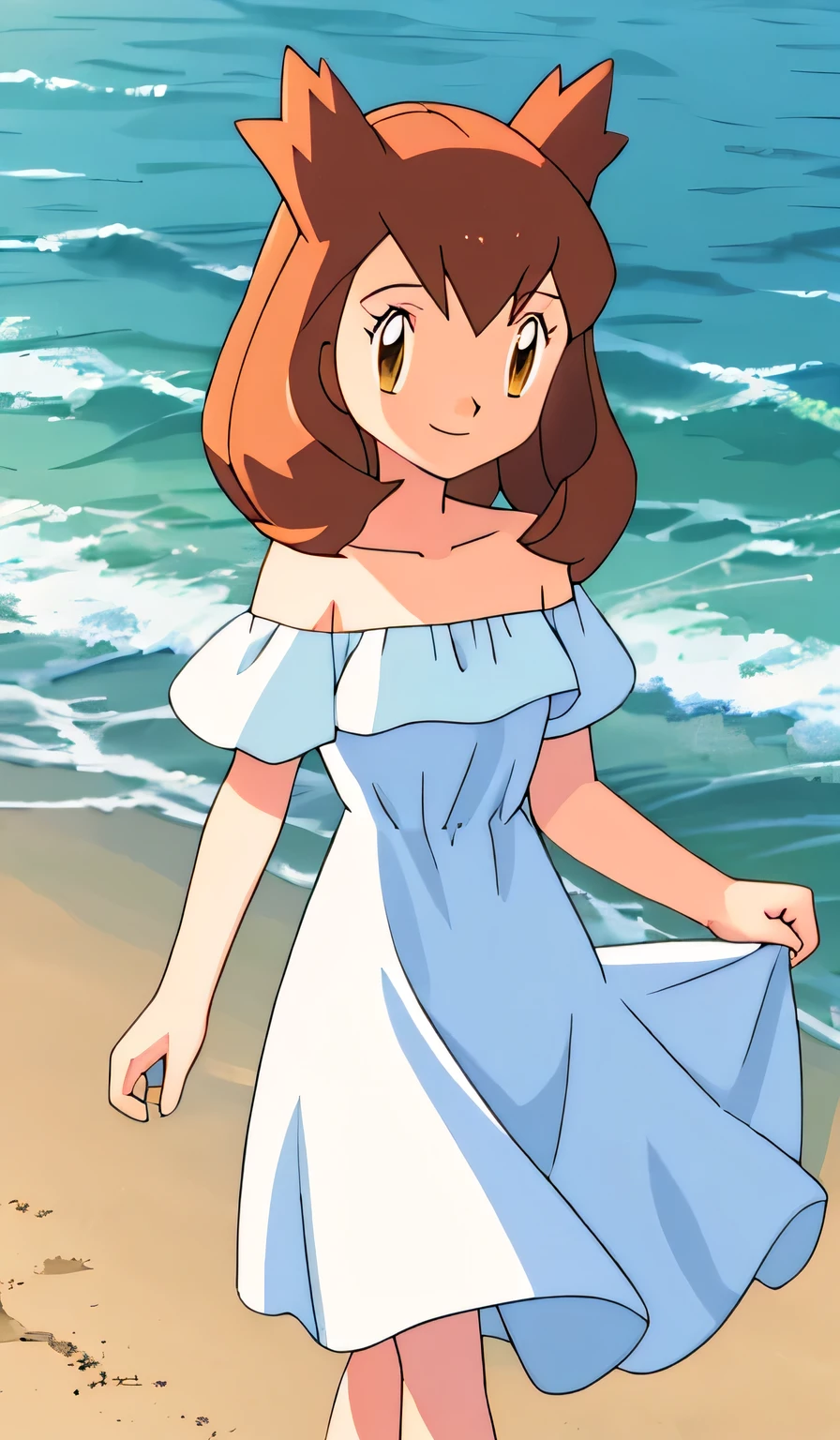 masterpiece, best quality, ultra-detailed, illustration, beautiful detailed eyes, very detailed illustration, cinematic lighting, 1 girl, solo, Pokemon Heroes (Bianca), Brown Hair, brown eyes, floating hair, 1 girl, solo, bare shoulders, strapless, off shoulders, ruffle off the shoulder top, white maxi dress, intricate details, sharp focus, high resolution, beachside,evening light,early evening,walking, Coast, cowboy shot, light smile