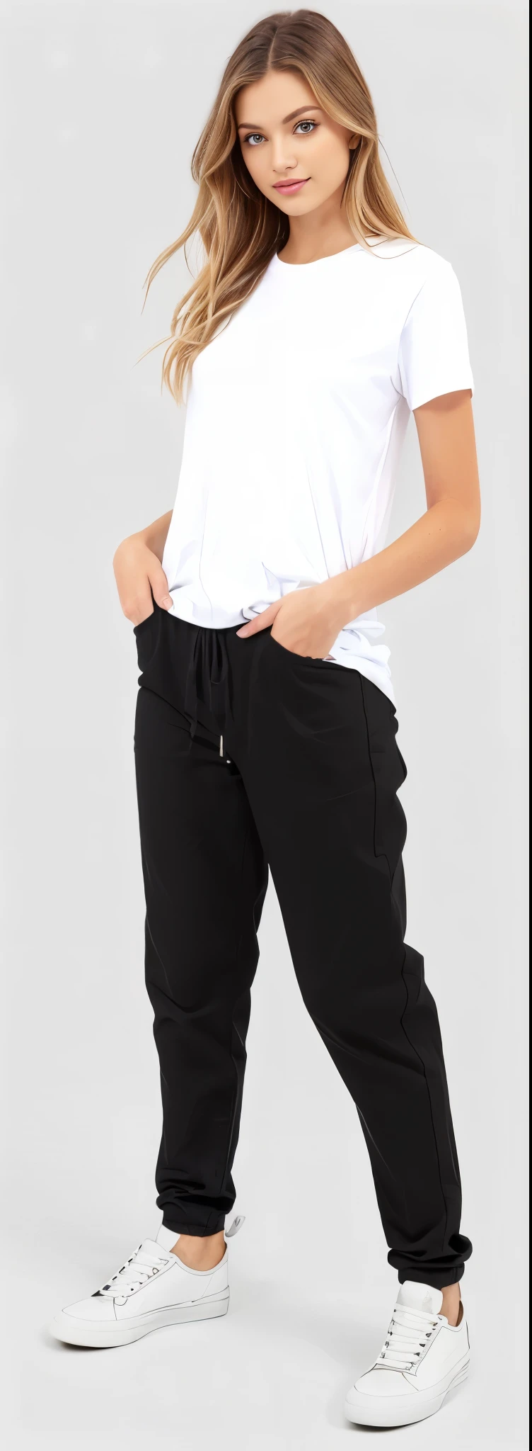 a woman in white shirt and black pants standing on a white background, black pants, black jeans pants, baggy black pants, black pants, Loose pants, big pants, black pants, wearing pants and a t-shirt, denim trousers, roupas casuais modernas, jeans largos, roupas modernas casuais, high-waisted pants, black sweatpants, wearing pants
