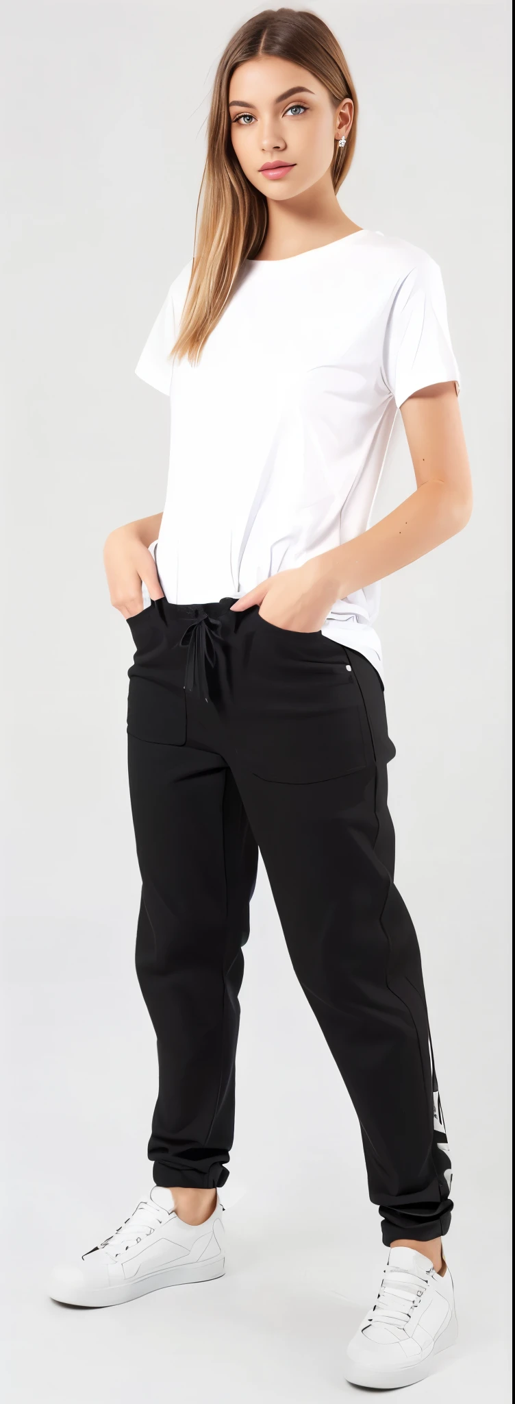 a woman in white shirt and black pants standing on a white background, black pants, black jeans pants, baggy black pants, black pants, Loose pants, big pants, black pants, wearing pants and a t-shirt, denim trousers, roupas casuais modernas, jeans largos, roupas modernas casuais, high-waisted pants, black sweatpants, wearing pants