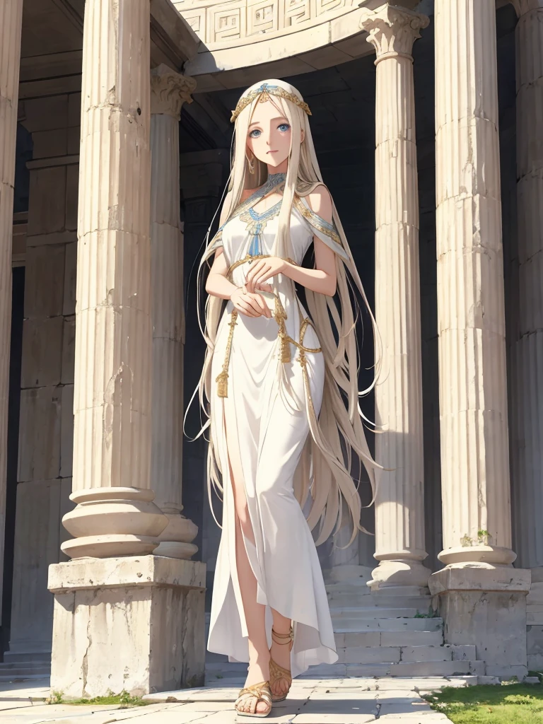 Beige long hair、Blue-eyed ancient Greek lady,30 years old,Wearing a white dress from ancient Greece,Wear sandals on your feet,Wear laurels,The background is an ancient Greek palace