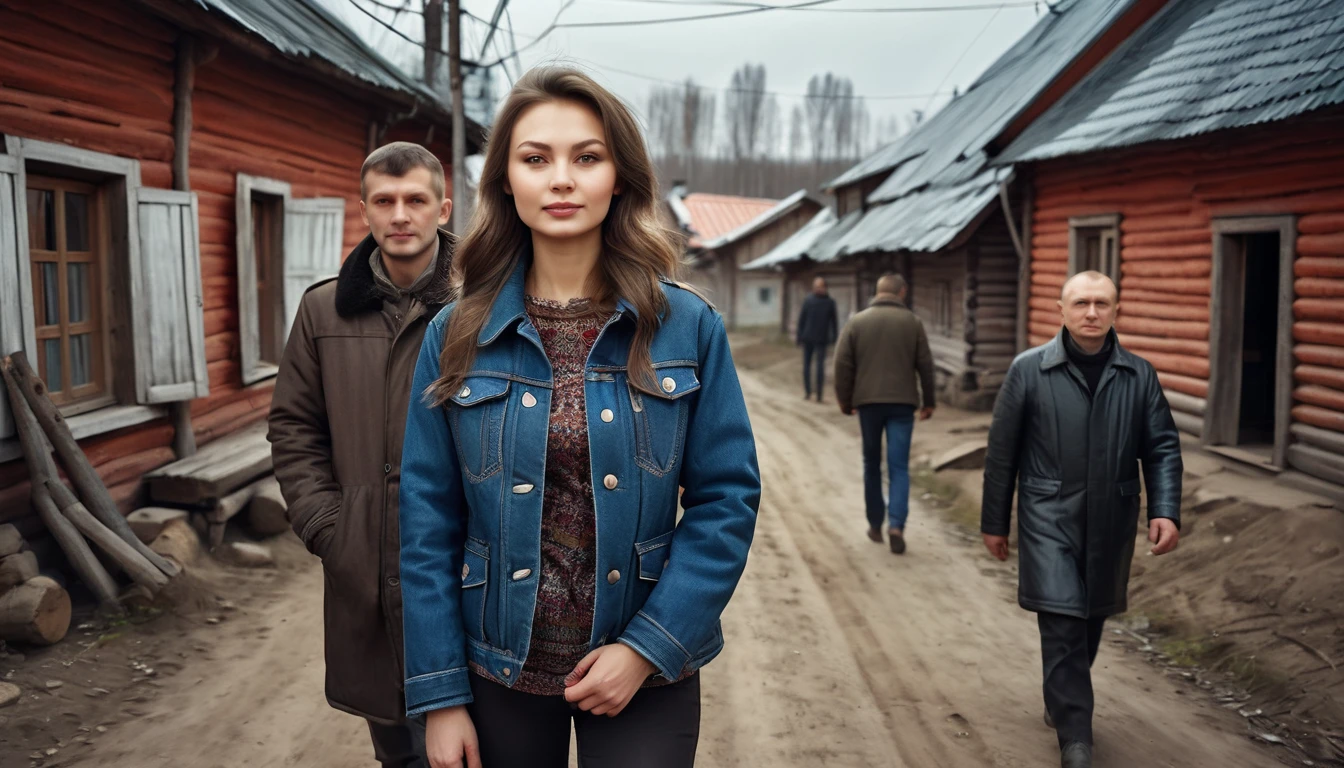 in the center there is a beautiful 30-year-old girl in a jacket, in the back on the right there is a 30-year-old man, Russian village, realistic photo