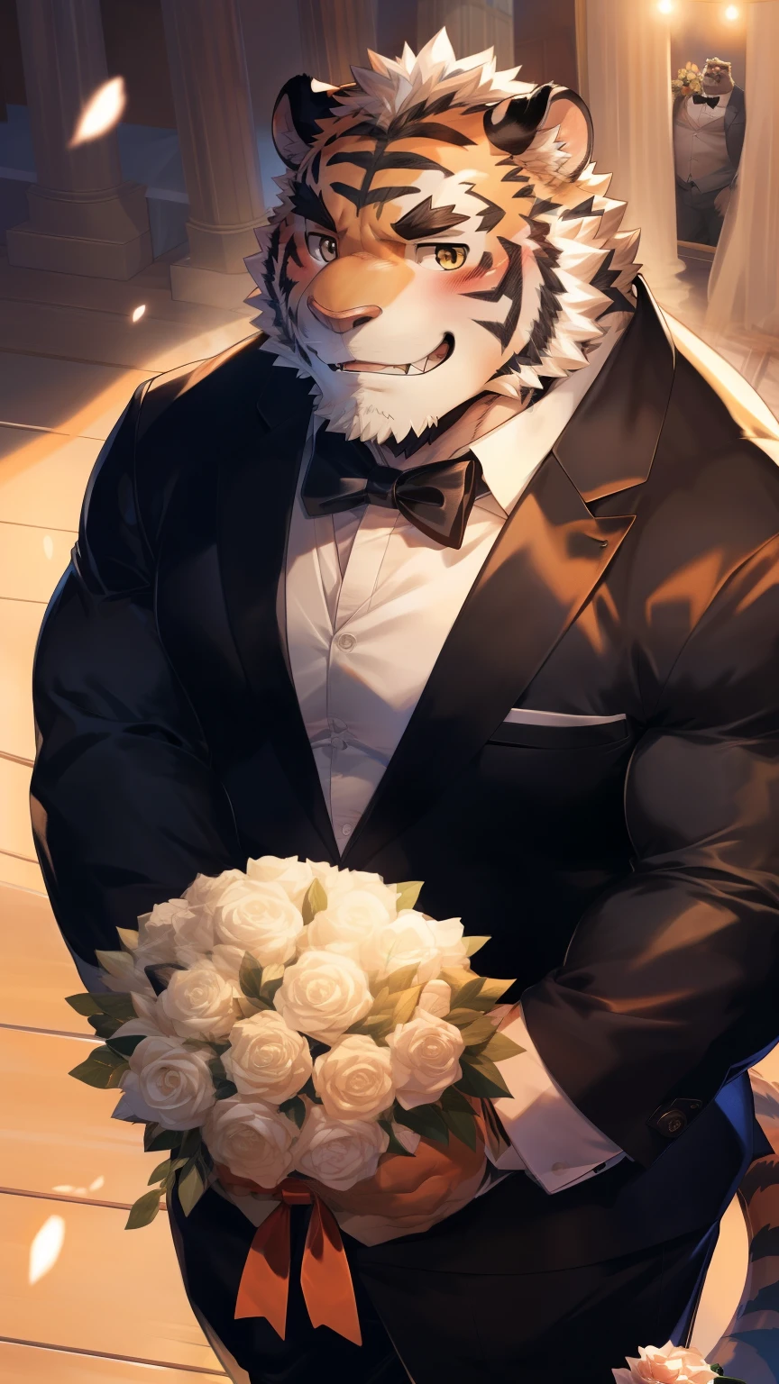 Solitary, anthropology, hairy, hairy male, Tiger, ((Fluffy fur, Fluffy, hairy body)), (Tiger印), (short beard), youth, Gray body, muscular, White, Big muscles, Golden pupils, Tail, deTailed teeth, deTailed face, Fundos, bridegroom, (Black suit suit), (Black bow tie), Holding a bouquet of white roses, 害羞的站在church门前, deTailed Fluffy fur, deTailed face, ((Look up at the audience)), majestic, barbarous, A faint smile, Blushing, Strong, church, White dove, Half sideways, ((Top view)), (through empty ghost, From tiger26, masterpiece, high quality, high resolution,8k), permanent, Full body portrait, outdoor,