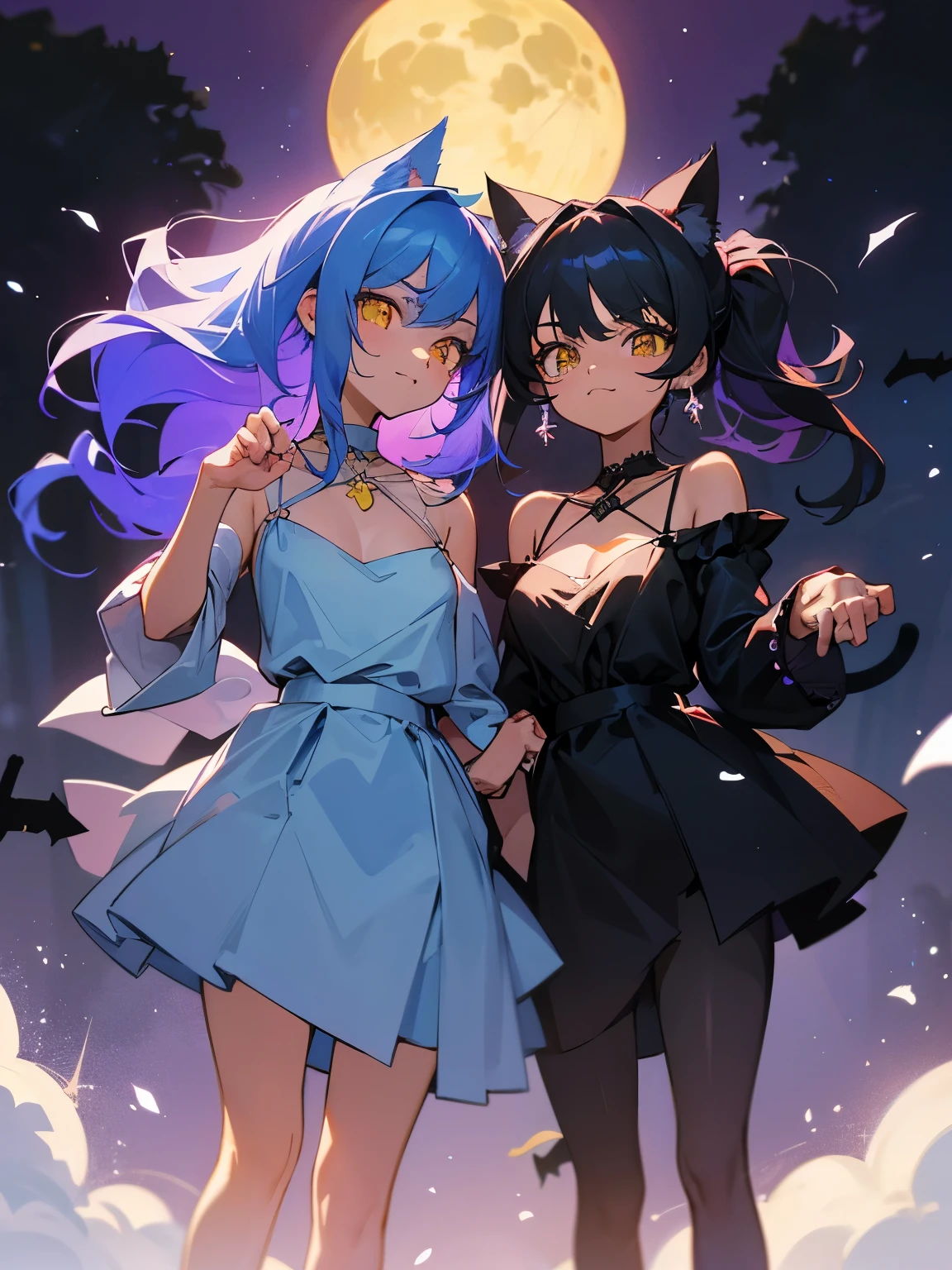 cartoon of two cats in cool positions standing together looking at the camera, black cats, ddlc, in the art style of 8 0 s anime, 9 0 s anime style, 90s anime style, in anime style, in an anime style, anime aesthetic, anime vibes, 9 0 s anime aesthetic, 9 0 s anime art style, lofi cats, beautiful background outside, background at night with stars and a white moon, fairy lights, beautiful background in a dark spooky abandoned garden with fairy lights at night, two black cute cats, two black cats looking serious, frowning yellow eyes, frowning black cats, beautiful faces, two black cats, don't extra paws, NO extra paws, generate two black cats with NO extra paws, NO extra arm, pretty faces, two cute pretty black cats with amazing smile, the two black cats has a pretty smile, slim, two black slim cats with yellow eyes, two slim black cats with sinister yellow eyes and beautiful smiles