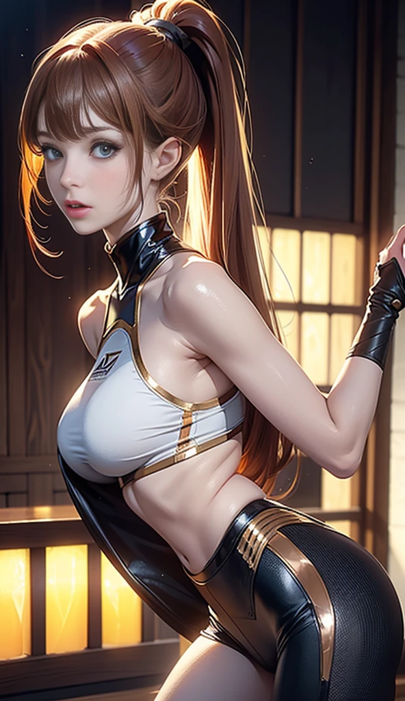 From the back,Stretching exercises,(Movie Scenes,Fantasy Art,Highest image quality,Surreal主义肖像,(8k),Surreal,best quality,high quality,HD,High quality textures,High Detail,Beautiful and detailed,fine,Extremely detailed CG,Detailed texture,True representation of the face,On the table,present,Dynamic,bold),1 Gill,Ultra-delicate skin,curve,,Beautiful breasts,Large Breasts,Pale skin,Pointed chest,stand erect,Ponytail,(Very thin hair),(Super soft hair),(super straight hair),Sweep long bangs,very light copper amber hair,Hair covering one eye,Sportswear