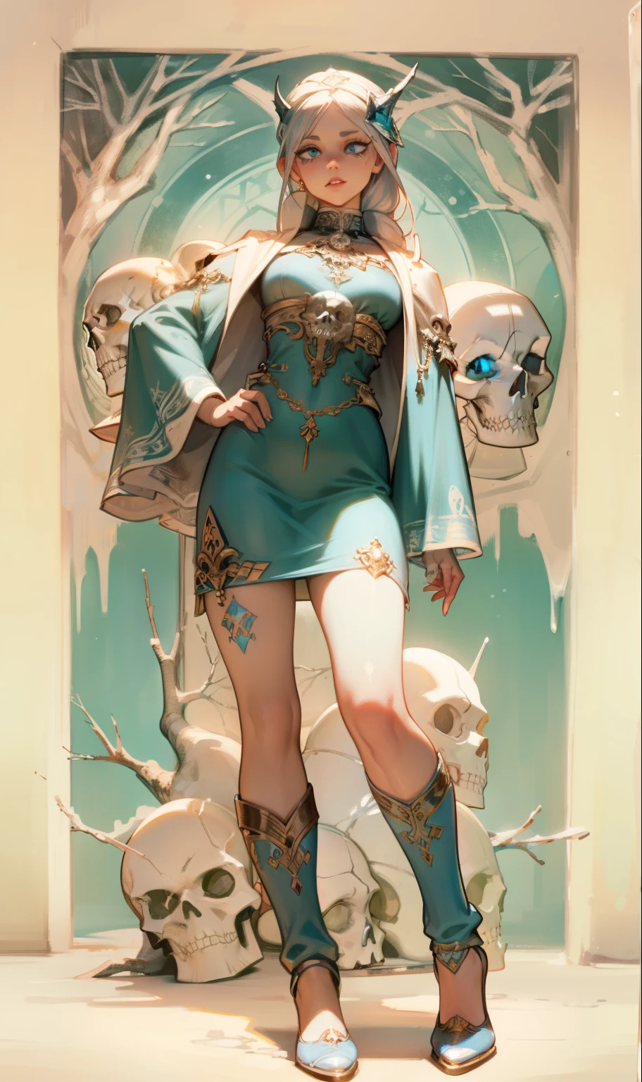 (best quality, highres, ice skull:1.1), ice skull, girl style, thick body art, detailed facial features, icy blue eyes, glossy lips, long eyelashes, porcelain skin, blue and silver color scheme, intricate skull design, realistic texture, vibrant colors, elaborate background, mysterious atmosphere, frozen garden, snow-covered trees, sparkling ice crystals, surreal lighting, fantasy elements