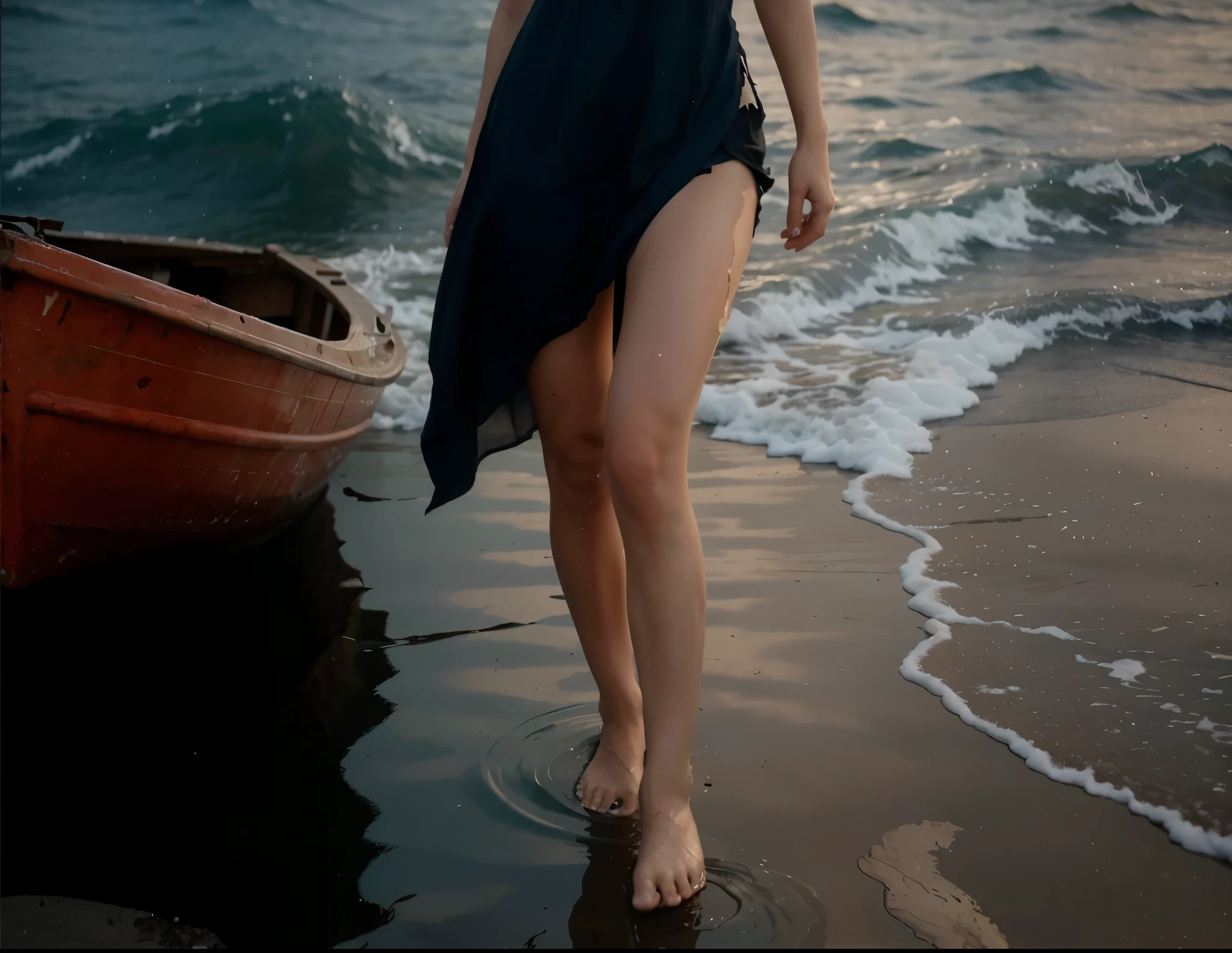 reference sheet: 1.8, great details, high quality, masterful work, a beautiful girl walks along the surface of the water at dusk, gloomy atmosphere, wet dress, gloomy background, River, stones, Dry trees, girl in a wet dress, barefoot, оголённые legs, got lost, girl in search, in a torn dress, torn clothes, torn fabric, pieces of cloth, came ashore after a shipwreck, shipwrecks float in the distance, wounds and abrasions on the body, идет и limps, in search of accommodation and food, a seriously wounded girl in scraps of dress and torn fabric, holds the wet hem of her dress with one hand, wounded body, seriously wounded girl can barely walk, blood из раны, blood, Twilight, sunny goes beyond the horizon, it's getting dark , limps, low horizon, anatomy, legs, правильная anatomy ног, legs в воде, правильная anatomy, hands, Hands, анатомичные hands, fingers, правильные hands