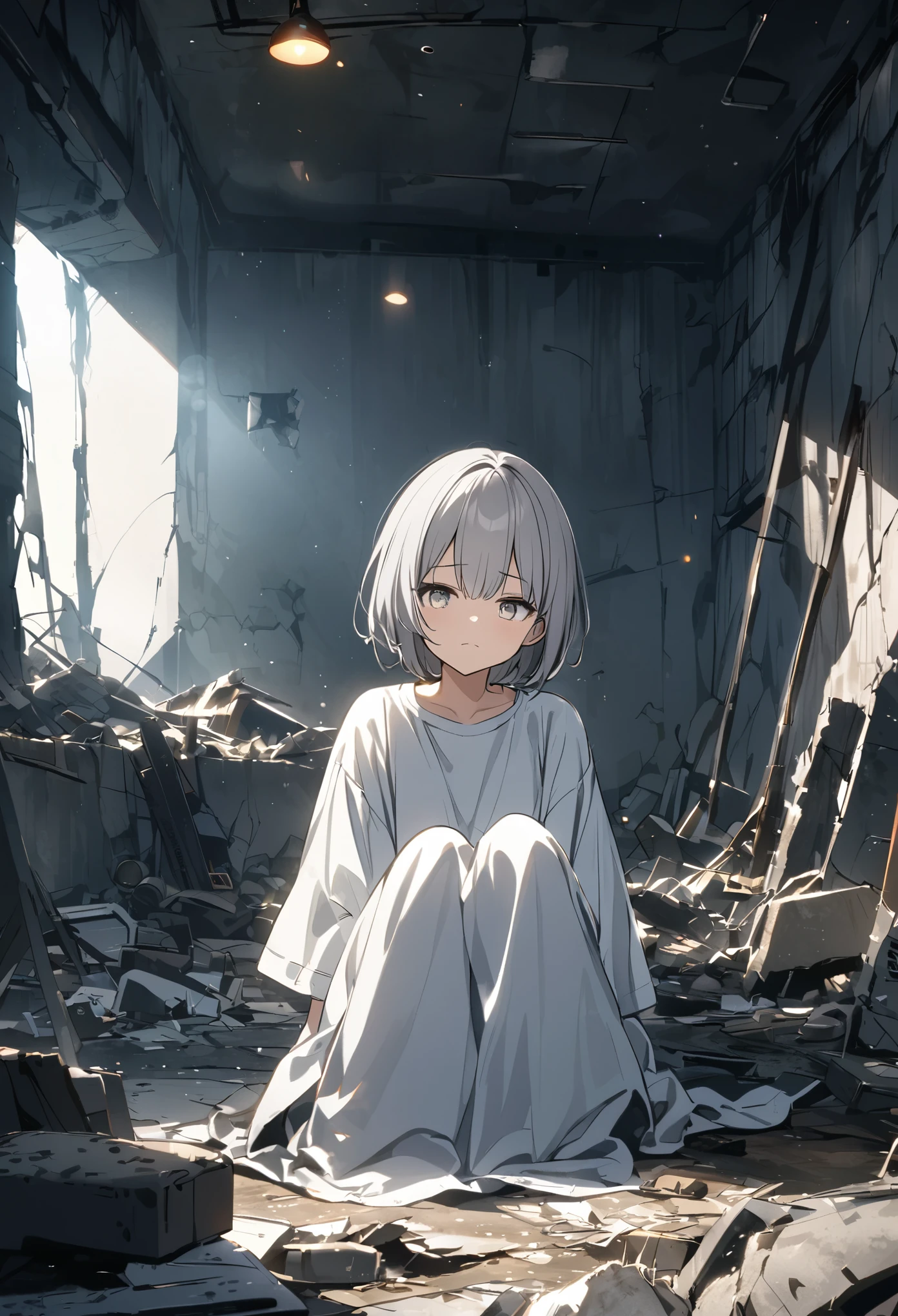 One woman、Gray Hair、short hair、White eyes、Vaguely、Straight face、Slump down、sit、ruins、Shabby room、Dark Room、White oversized shirt、Bukabuka shirt、Bokeh、I&#39;m not thinking about anything、Eye roll、Thighs、barefoot