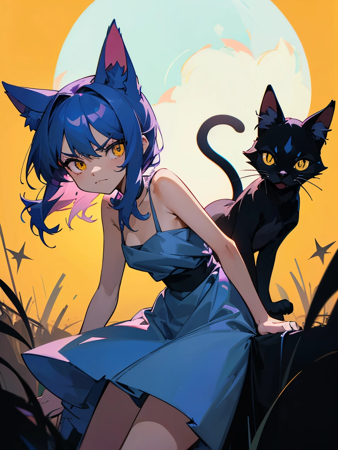 cartoon of two cats in cool positions standing together looking at the camera, black cats, ddlc, in the art style of 8 0 s anime, 9 0 s anime style, 90s anime style, in anime style, in an anime style, anime aesthetic, anime vibes, 9 0 s anime aesthetic, 9 0 s anime art style, lofi cats, beautiful background outside, background at night with stars and a white moon, fairy lights, beautiful background in a dark spooky abandoned garden with fairy lights at night, two black cute cats, two black cats looking serious, frowning yellow eyes, frowning black cats, beautiful faces, two black cats, don't extra paws, NO extra paws, generate two black cats with NO extra paws, NO extra arm, pretty faces, two cute pretty black cats with amazing smile, the two black cats has a pretty smile, slim, two black slim cats with yellow eyes, two slim black cats with sinister yellow eyes and beautiful smiles