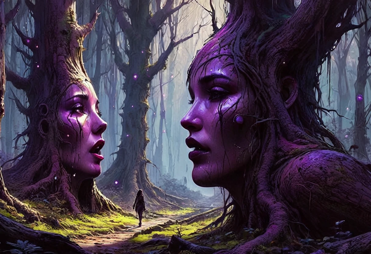 surrealism fantasy hyperrealism. By Philippe Vignal and Benedick Bana, A gloomy whispering lips woods. Tree trunks look like female parts of faces -lips ears . Purple Moss , strange lights in the gloomy darkness . dramatic cinematic shadows .  Thin sparse rays of light . Octane rendering. UHD. Masterpiece. sharp focus, intricate details. highly detailed