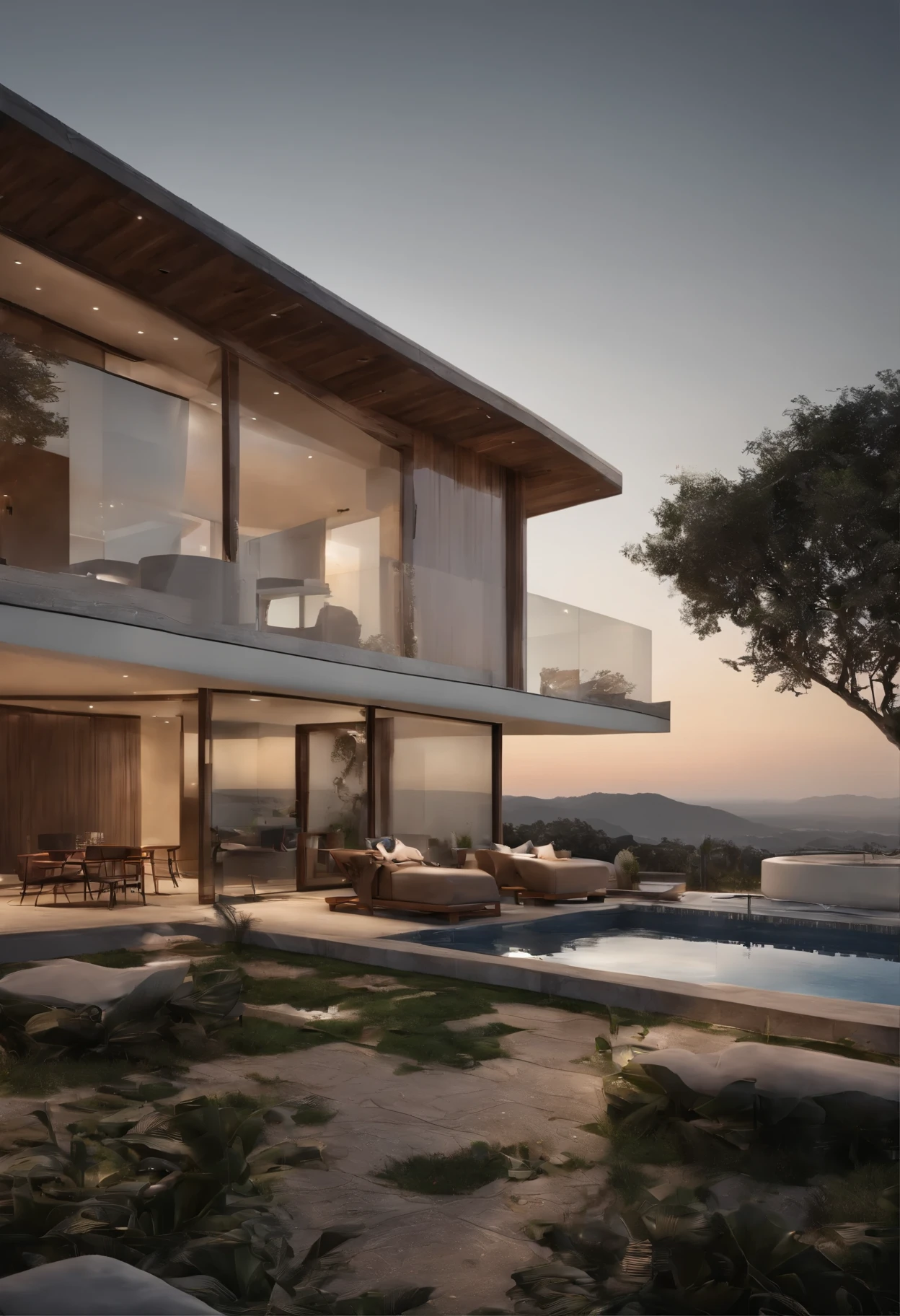 Creat two dimensional render design that at hilltop area which consists infinity swimming pool with deck with view side facing two bedroom with attached toilet and hall beside tis kitchen plus dinning,common toilet, through Connected stair case