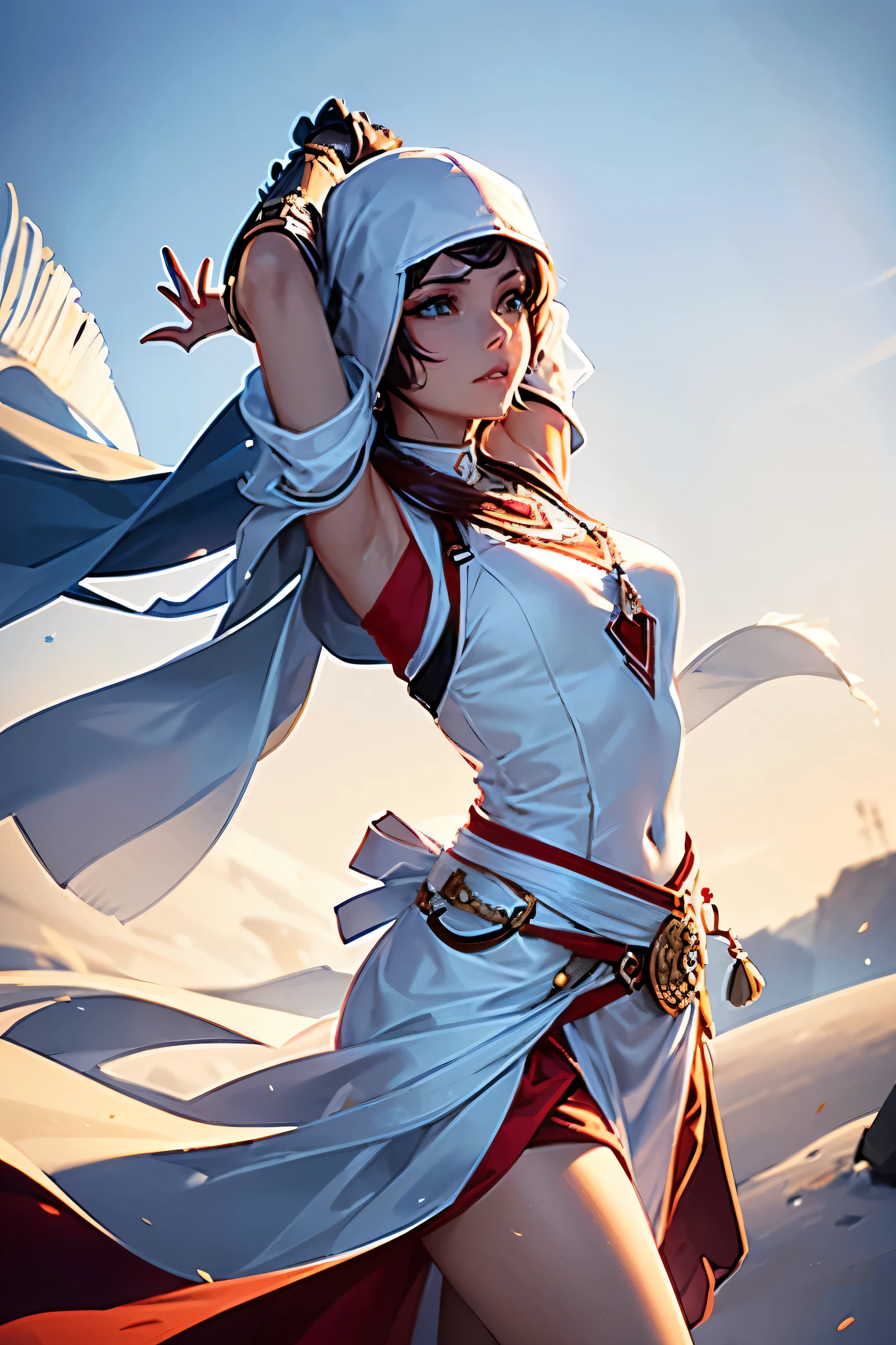 a woman dancing (LINDOS DETALHES DO ROSTO DA BOCA E NARIZ) covered from head to toe in translucent fabric, stable diffusion flowing assassin's creed banner. The flag is hanging over the person, creating an artistic and ethereal effect. A bandeira cria dobras e ondas suaves, adding texture and depth to the image. Light penetrates through tissue, illuminating parts of the dancer below him. The overall mood of the image is serene and artistic., the background is the white sands national park, vivid color, detalhado,