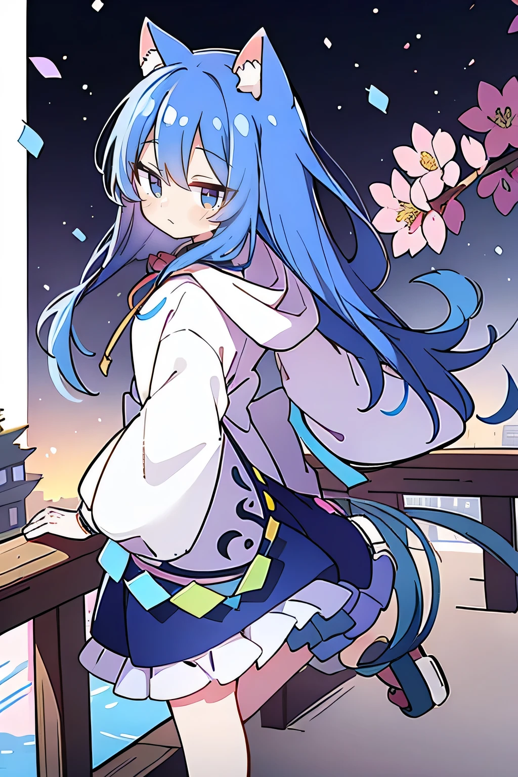 (masterpiece:1.2),Super detailed,lifelike,Expressive eyes,fair skin,perfect face shape,1 girl,
Japanese comics,Gorgeous blue hair,flowing blue hair,flowing clothes,Cat ears,Petals fall,beautiful lola,Baby Angel,sunrise,
Shaking head with one hand,Cross your legs,Gentle and peaceful background,The pavilion is cool and comfortable,smile, wearing hoodie, background of tokyo,back views,snowing, winter.