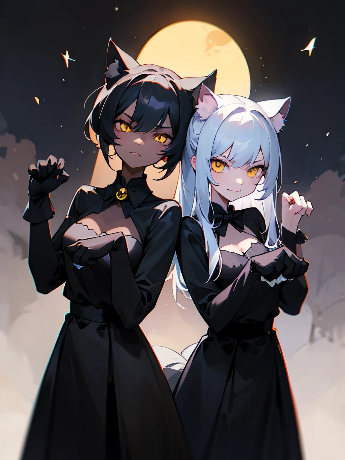 cartoon of two cats in cool positions standing together looking at the camera, black cats, ddlc, in the art style of graypillow artist, animated cats, lofi cats, beautiful background outside, background at night with stars and a white moon, fairy lights, beautiful background in a dark spooky abandoned garden with fairy lights at night, two black cute cats, two black cats looking serious, frowning yellow eyes, frowning black cats, beautiful faces, two black cats, don't extra paws, NO extra paws, generate two black cats with NO extra paws, NO extra arm, pretty faces, two cute pretty black cats with amazing smile, the two black cats has a pretty smile, slim, two black slim cats with yellow eyes, two slim black cats with sinister yellow eyes and beautiful smiles