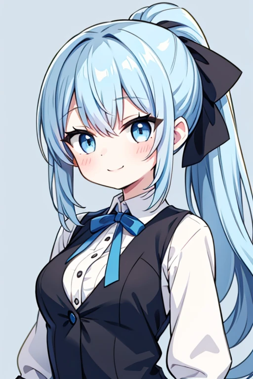 girl、、Blue Eyes、Light blue hair、Small breasts、ponytail、Black Ribbon、Long sleeve white shirt、Black vest、smile