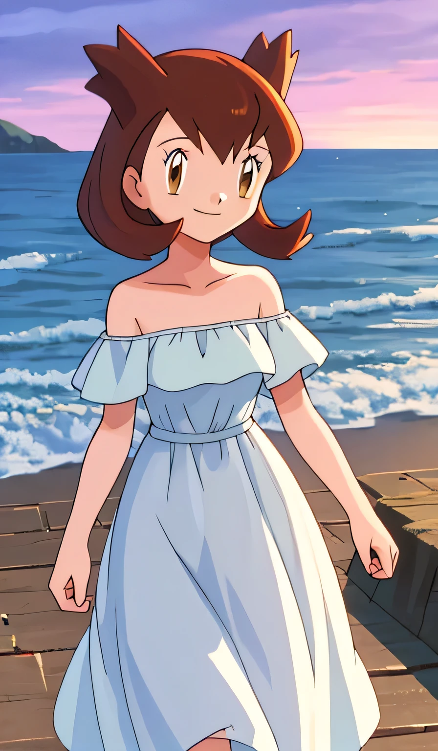 masterpiece, best quality, ultra-detailed, illustration, beautiful detailed eyes, very detailed illustration, cinematic lighting, 1 girl, solo, Pokemon Heroes (Bianca), Brown Hair, brown eyes, floating hair, 1 girl, solo, bare shoulders, strapless, off shoulders, ruffle off the shoulder top, white maxi dress, intricate details, sharp focus, high resolution, beachside,evening light,purple skies, early evening,walking, Coast, cowboy shot, light smile