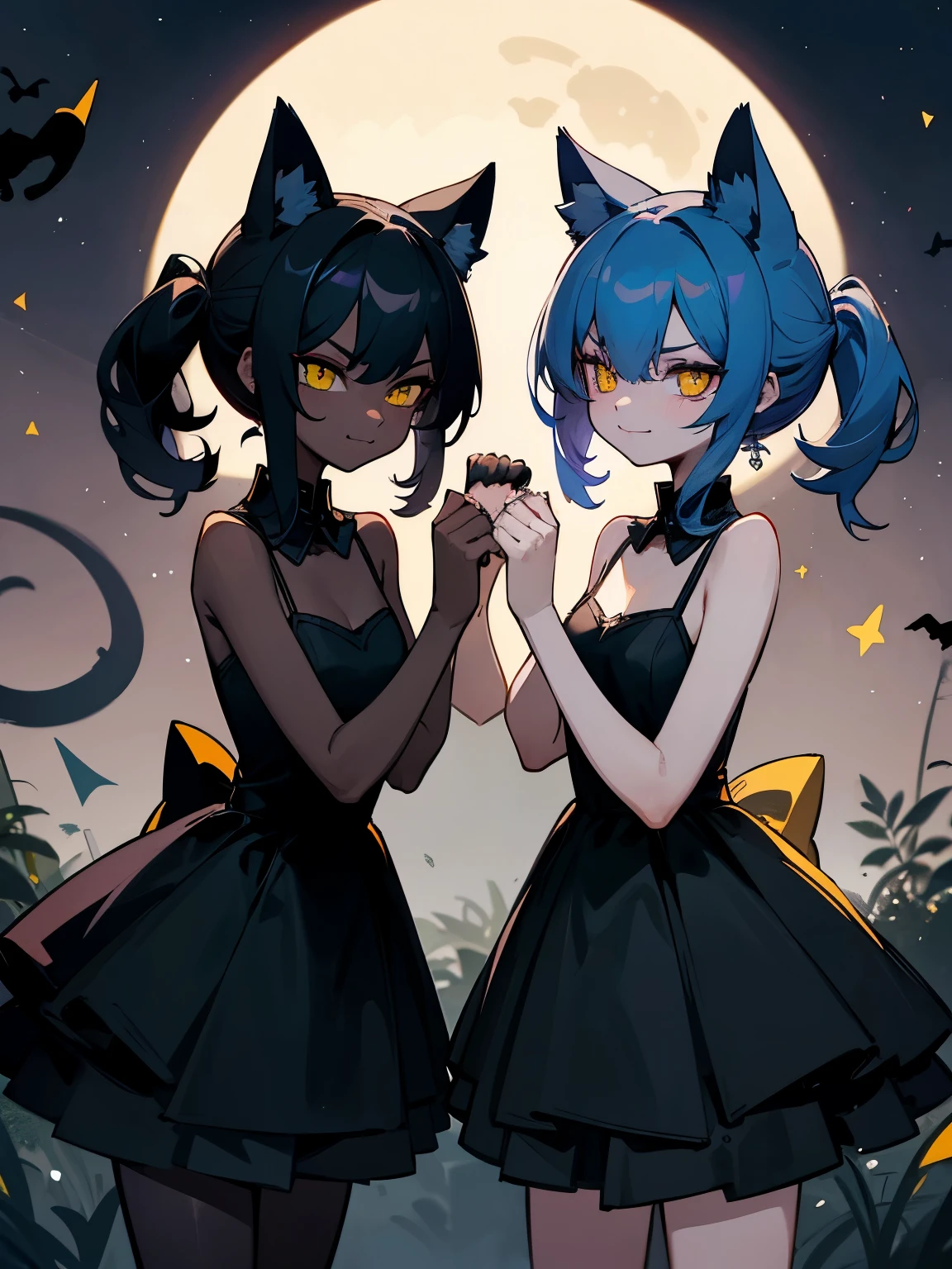 cartoon of two cats in cool positions standing together looking at the camera, black cats, ddlc, in the art style of graypillow artist, animated cats, lofi cats, beautiful background outside, background at night with stars and a white moon, fairy lights, beautiful background in a dark spooky abandoned garden with fairy lights at night, two black cute cats, two black cats looking serious, frowning yellow eyes, frowning black cats, beautiful faces, two black cats, don't extra paws, NO extra paws, generate two black cats with NO extra paws, NO extra arm, pretty faces, two cute pretty black cats with amazing smile, the two black cats has a pretty smile, slim, two black slim cats with yellow eyes, two slim black cats with sinister yellow eyes and beautiful smiles