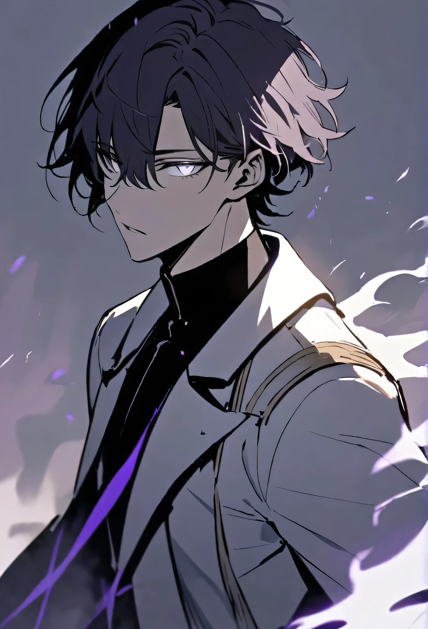 Handsome, solo, male, short hair, hair covers left eye, dark lavender hair, white eyes, black shirt, black pant, black and white coat, white flame