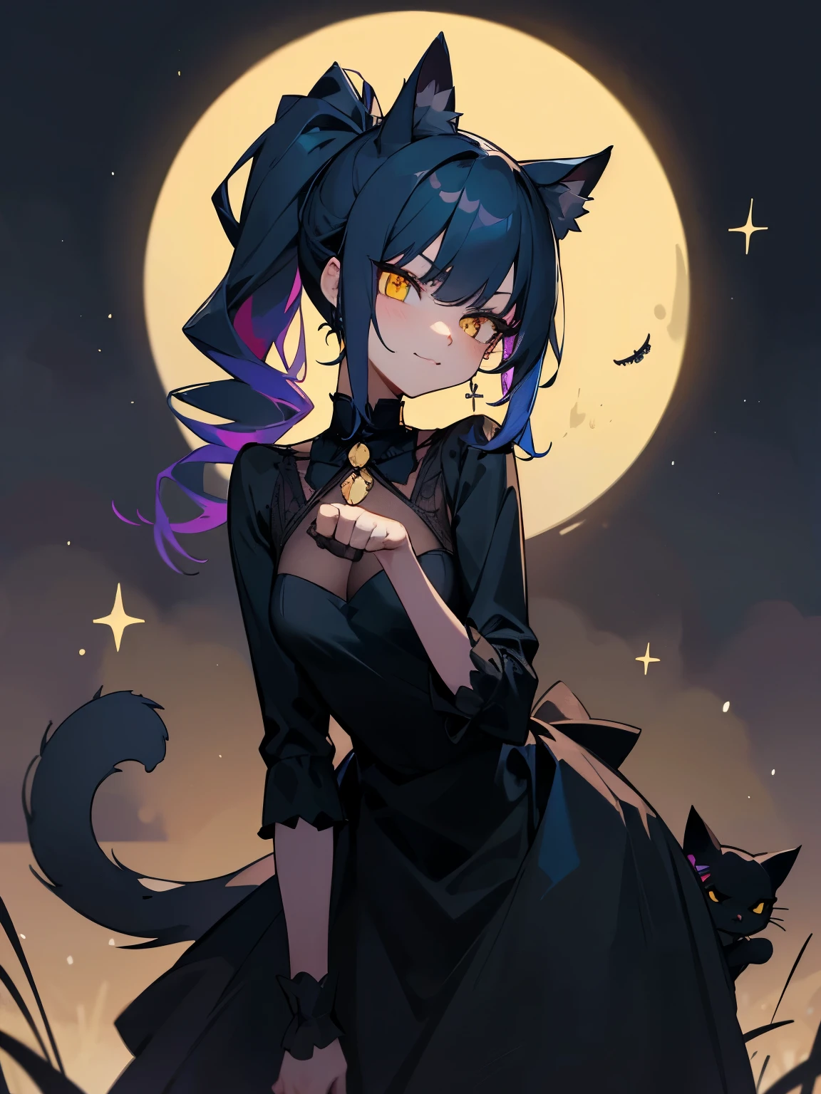 cartoon of two cats in cool positions standing together looking at the camera, black cats, ddlc, in the art style of graypillow artist, animated cats, lofi cats, beautiful background outside, background at night with stars and a white moon, fairy lights, beautiful background in a dark spooky abandoned garden with fairy lights at night, two black cute cats, two black cats looking serious, frowning yellow eyes, frowning black cats, beautiful faces, two black cats, don't extra paws, NO extra paws, generate two black cats with NO extra paws, NO extra arm, pretty faces, two cute pretty black cats with amazing smile, the two black cats has a pretty smile, slim, two black slim cats with yellow eyes, two slim black cats with sinister yellow eyes and beautiful smiles