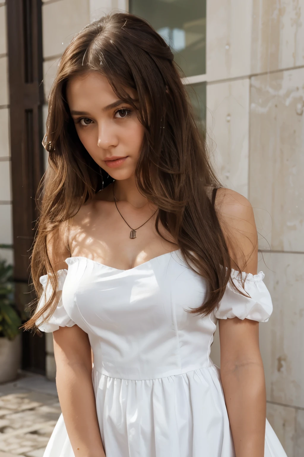 1girl, solo, jewelry, necklace, realistic, dress, white_dress, bare_shoulders, brown_eyes, upper_body, long_hair, looking_at_viewer, lips, brown_hair, black_hair, breasts, puffy_sleeves, detached_sleeves, dark_skin