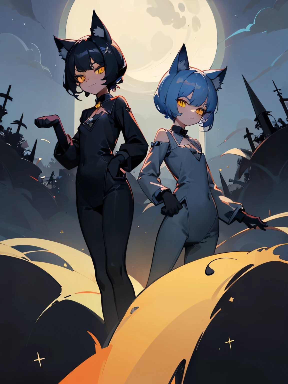 cartoon of two cats in cool positions standing together looking at the camera, black cats, ddlc, in the art style of graypillow artist, animated cats, lofi cats, beautiful background outside, background at night with stars and a white moon, fairy lights, beautiful background in a dark spooky abandoned garden with fairy lights at night, two black cute cats, two black cats looking serious, frowning  yellow eyes, frowning black cats, beautiful faces, two black cats, don't extra paws, NO extra paws, generate two black cats with NO extra paws, NO extra arm, pretty faces, two cute pretty black cats with amazing smile, the two black cats has a pretty smile, slim, two black slim cats with yellow eyes, two slim black cats with sinister yellow eyes and beautiful smiles