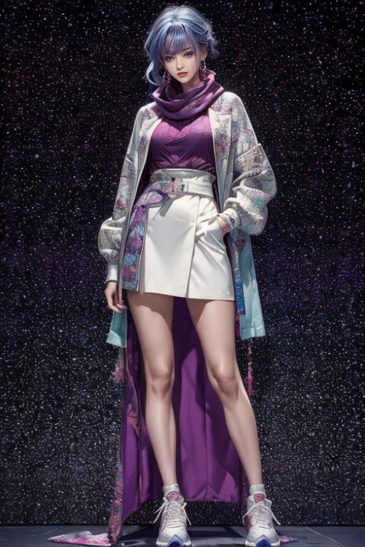 highest quality, Very detailed, masterpiece, 1 person,woman,(((完璧なwomanの体))),Very beautiful face, Very beautiful body,Gentle expression, Very beautiful eyes,(Perfect Makeup:1.1),Fashion Model,Cyberpunk Fashion,Chignon Hair,Curly Hair,Shaggy Hair,Purple-red and white-blue hair:1.3, Very thin body,Smart Abs, Monogram pattern,Gradation,Dress Long One Piece,Two-tone high-top sneakers,A kind smile,Full body portrait,(Night street background 1.3), (Shiny skin),(Earrings),Seesul,Colorful scarves,A long shawl with an intricate pattern,