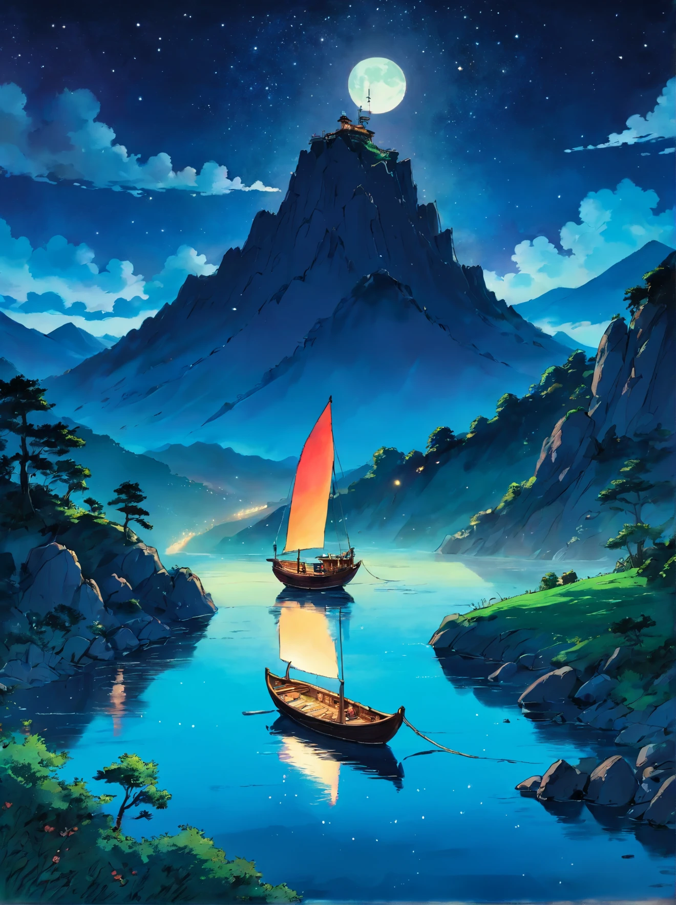 A small boat on a mountain and a river in the night sky Ink painting