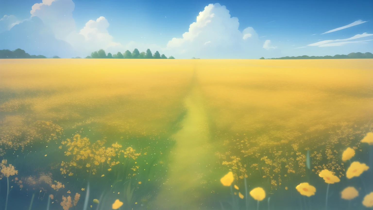 beautiful watercolor background, from Lilo & Stitch,petal grassland with blue sky,anime countryside scenery,landscape,fields of grass,flat fields, small hills,puffy white clouds,yellow canola prairies,detailed scenery artwork,flowers,perfect,soft shadows,soft lighting, cinematic light,(Best quality,4K,8K,HDR,high resolution)